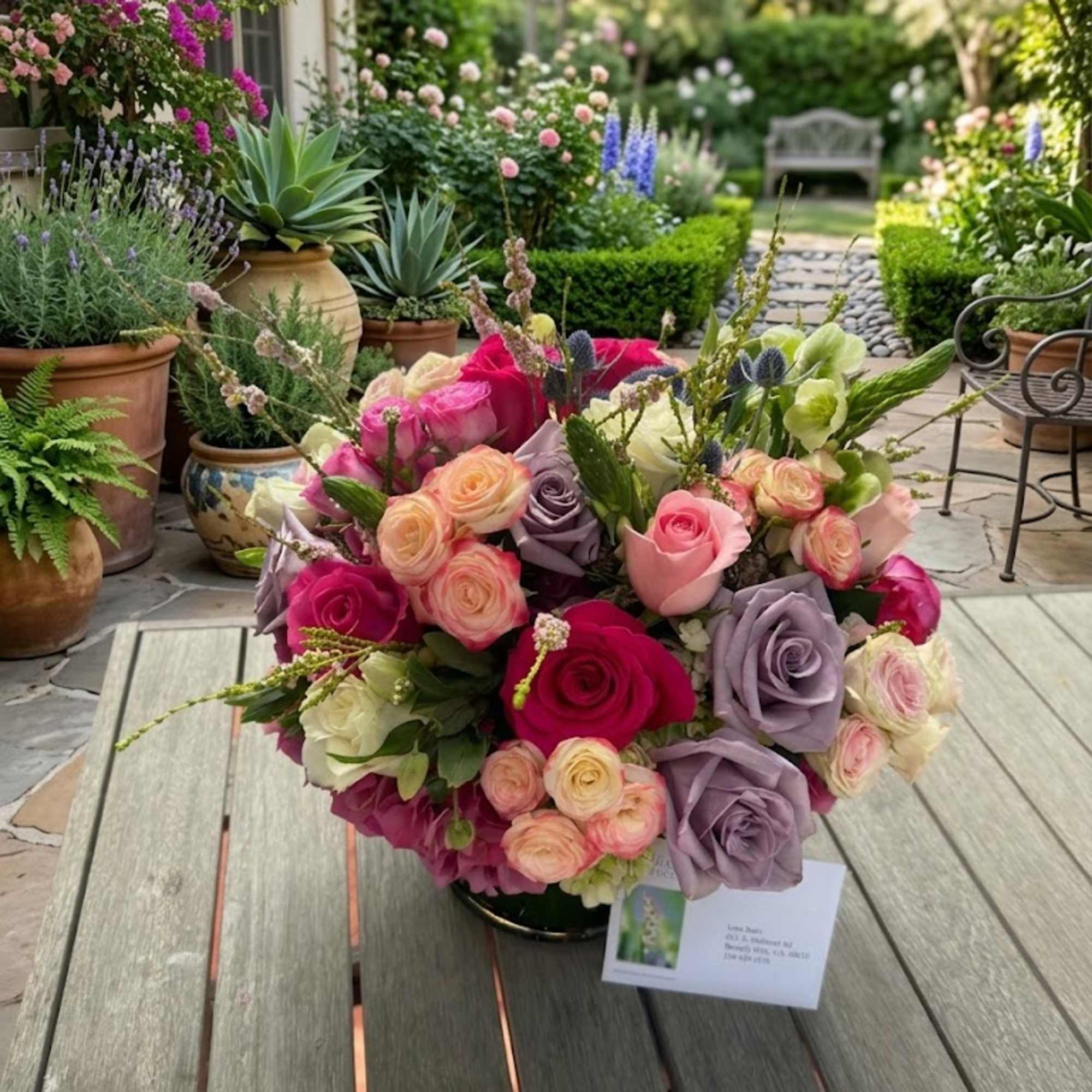 Mixed bouquet of pink, lavender, and peach roses in a low container