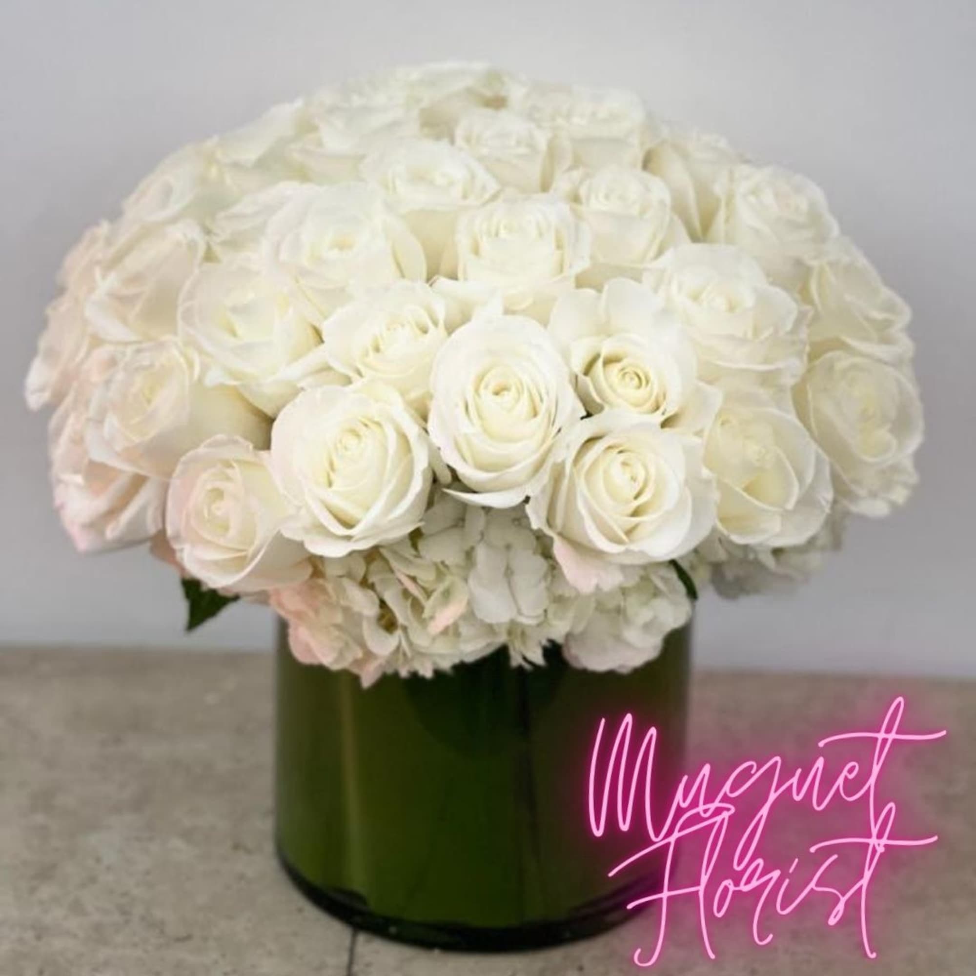 White rose bouquet in a green glass vase, photo 3 of 5