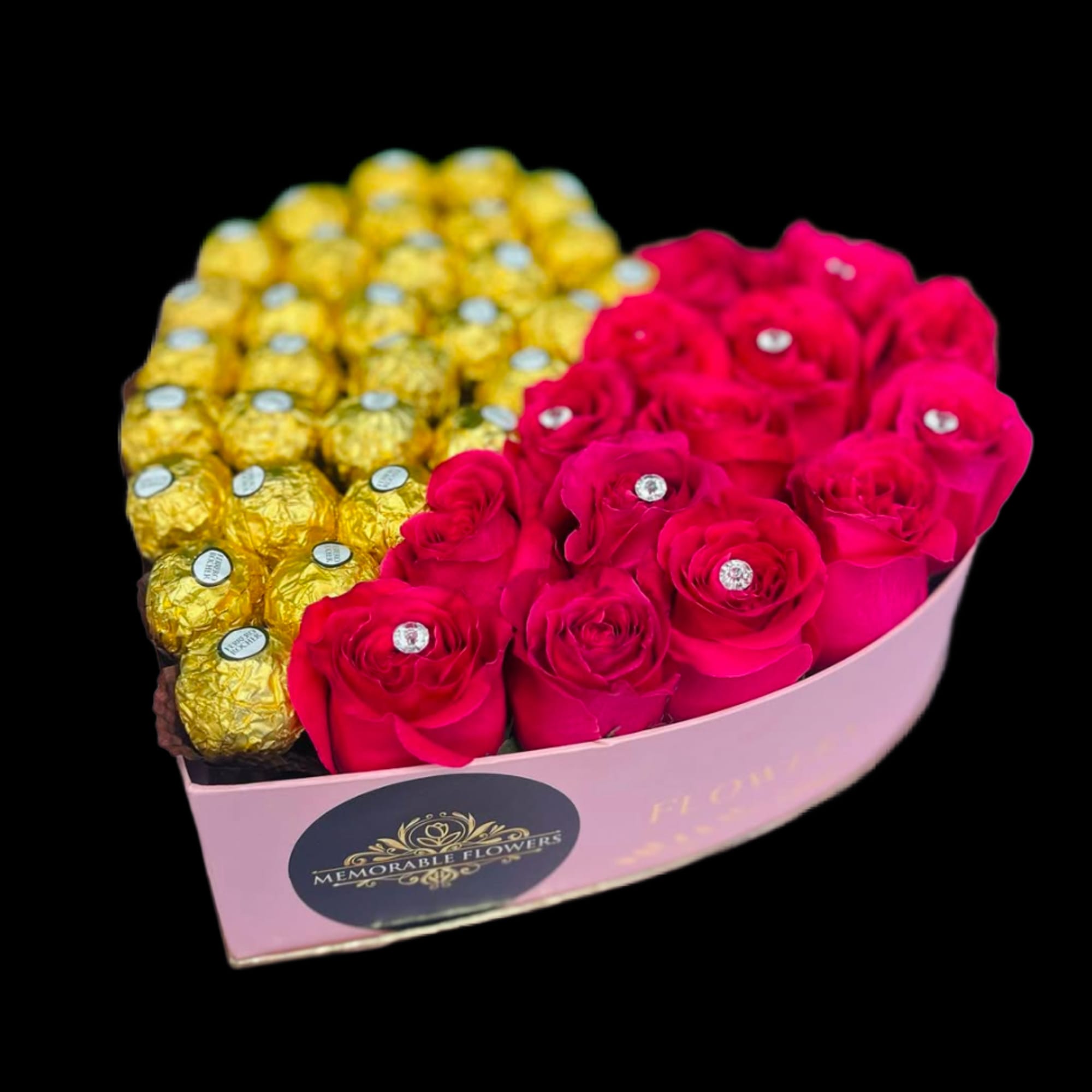 Medium size heart. 
Half chocolate and Half Roses. Carries approximately one DZ