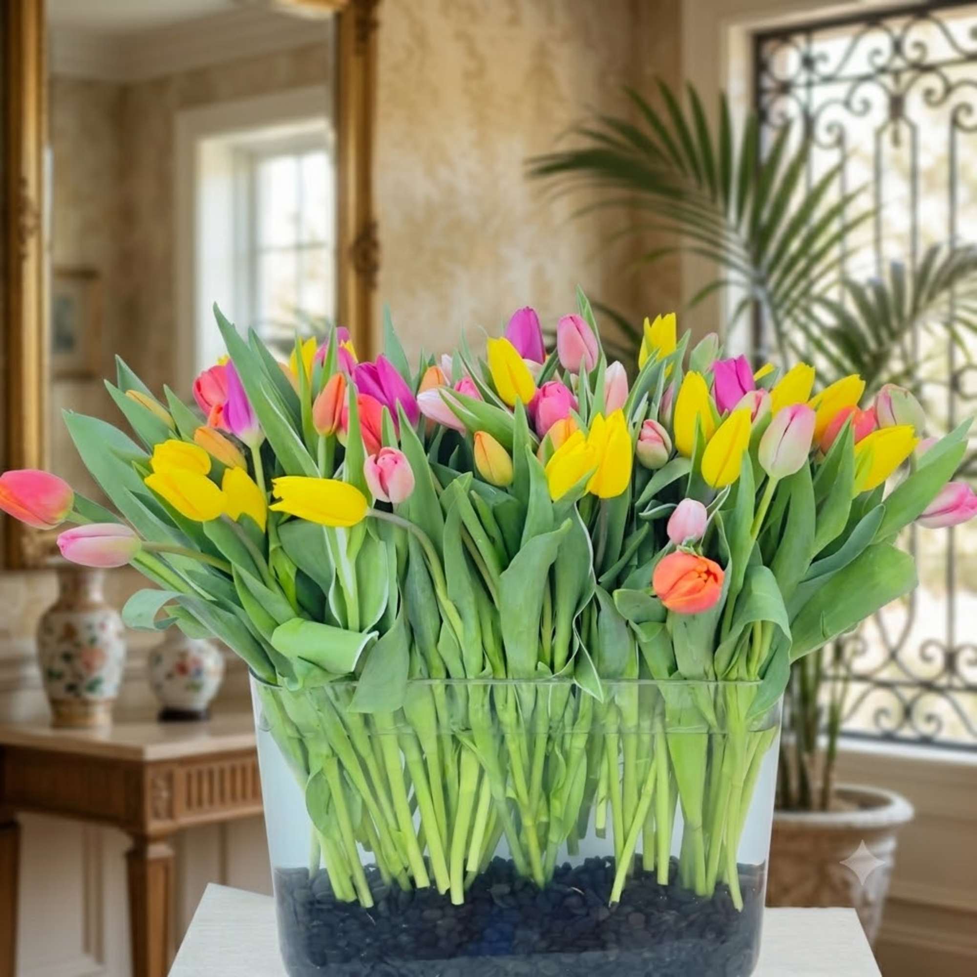 Colorful tulips arranged in a clear rectangular vase