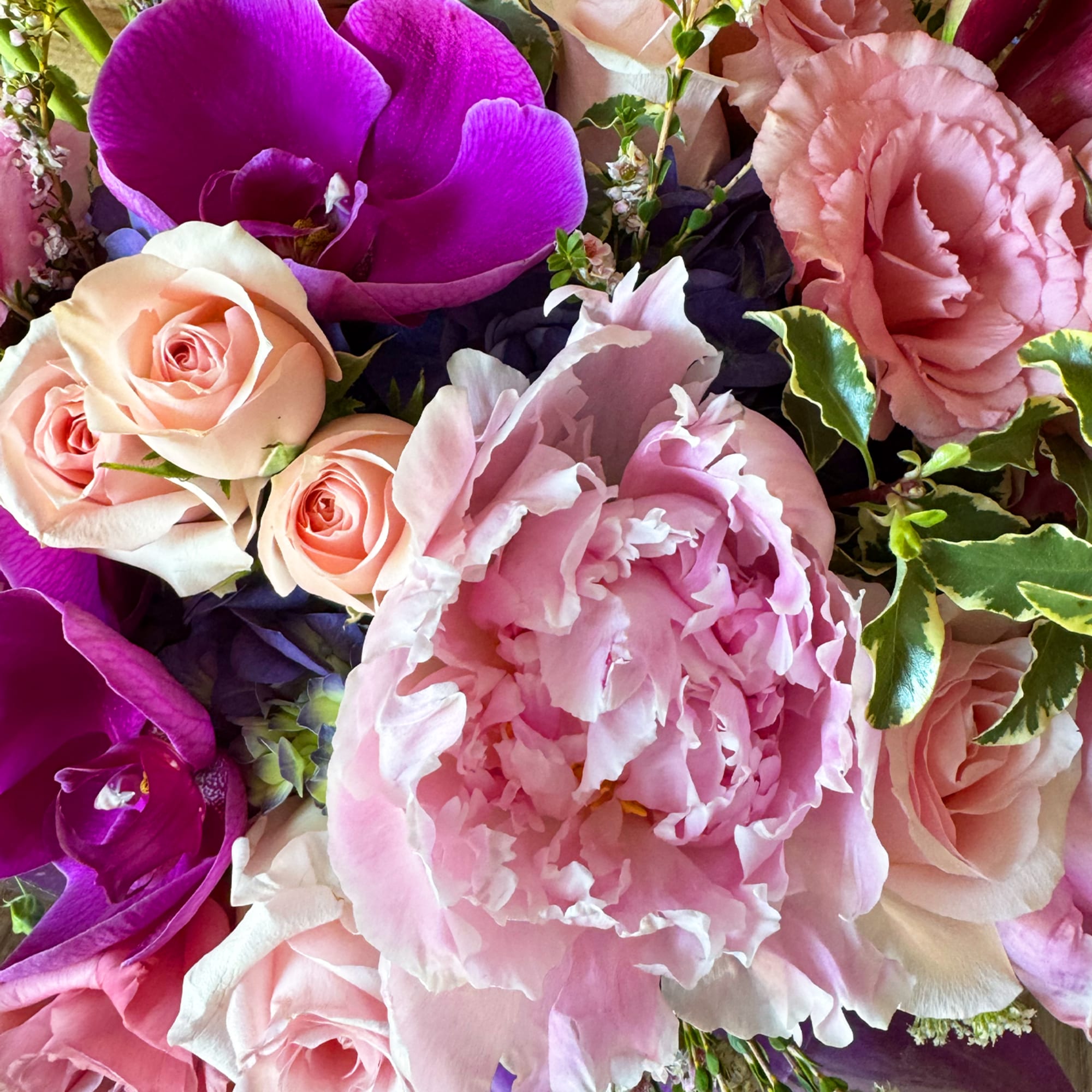 Close-up bouquet of pink peonies, roses, and purple orchids