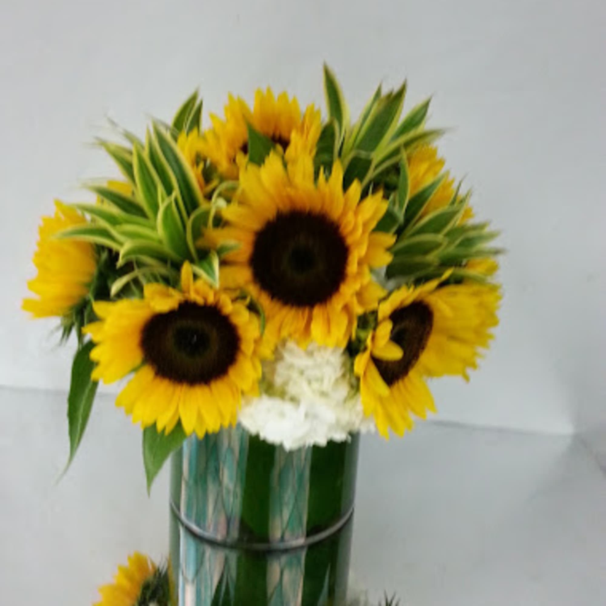 Sunflower bouquet with white flowers in a tall glass vase
