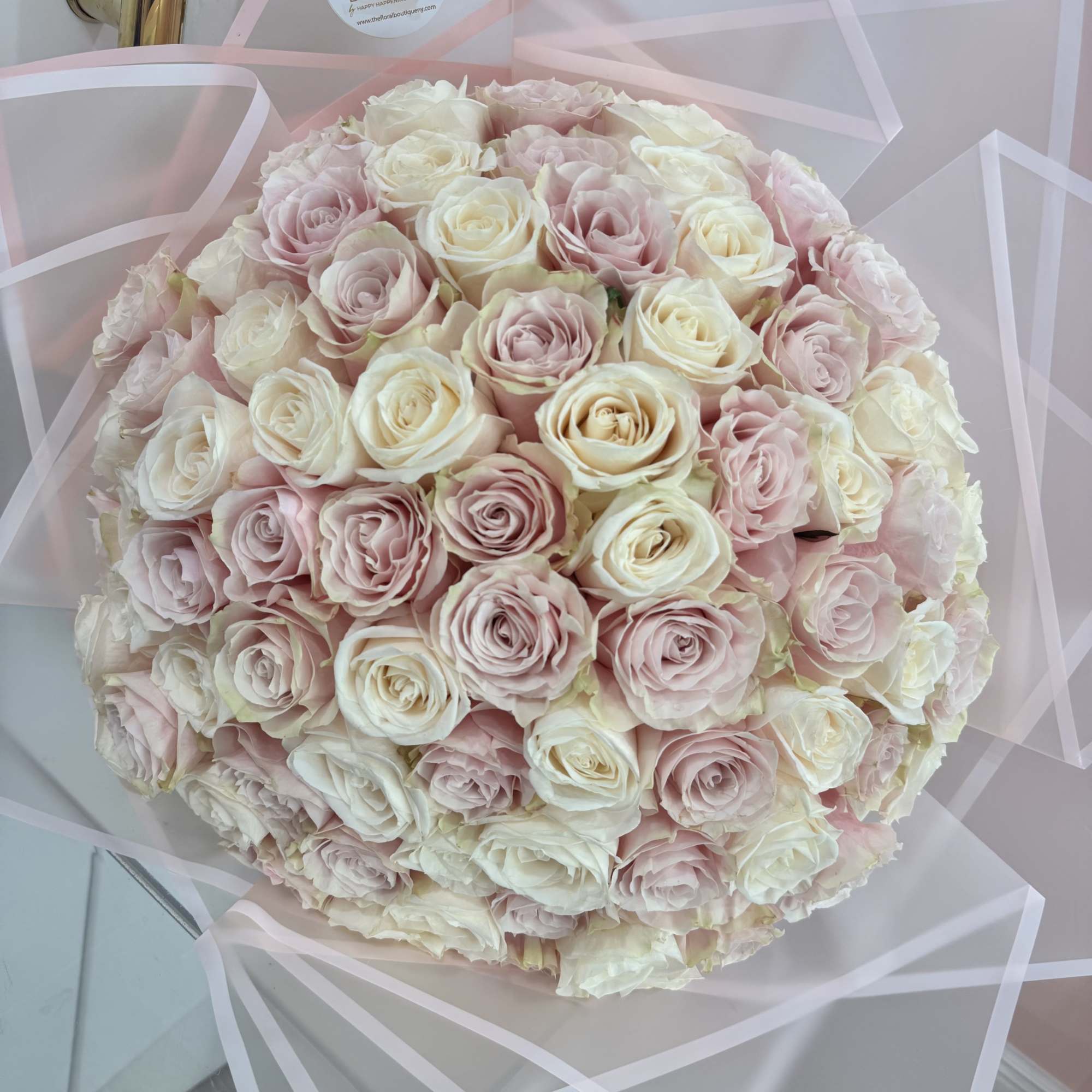 Large bouquet of pale pink and white roses wrapped in translucent paper