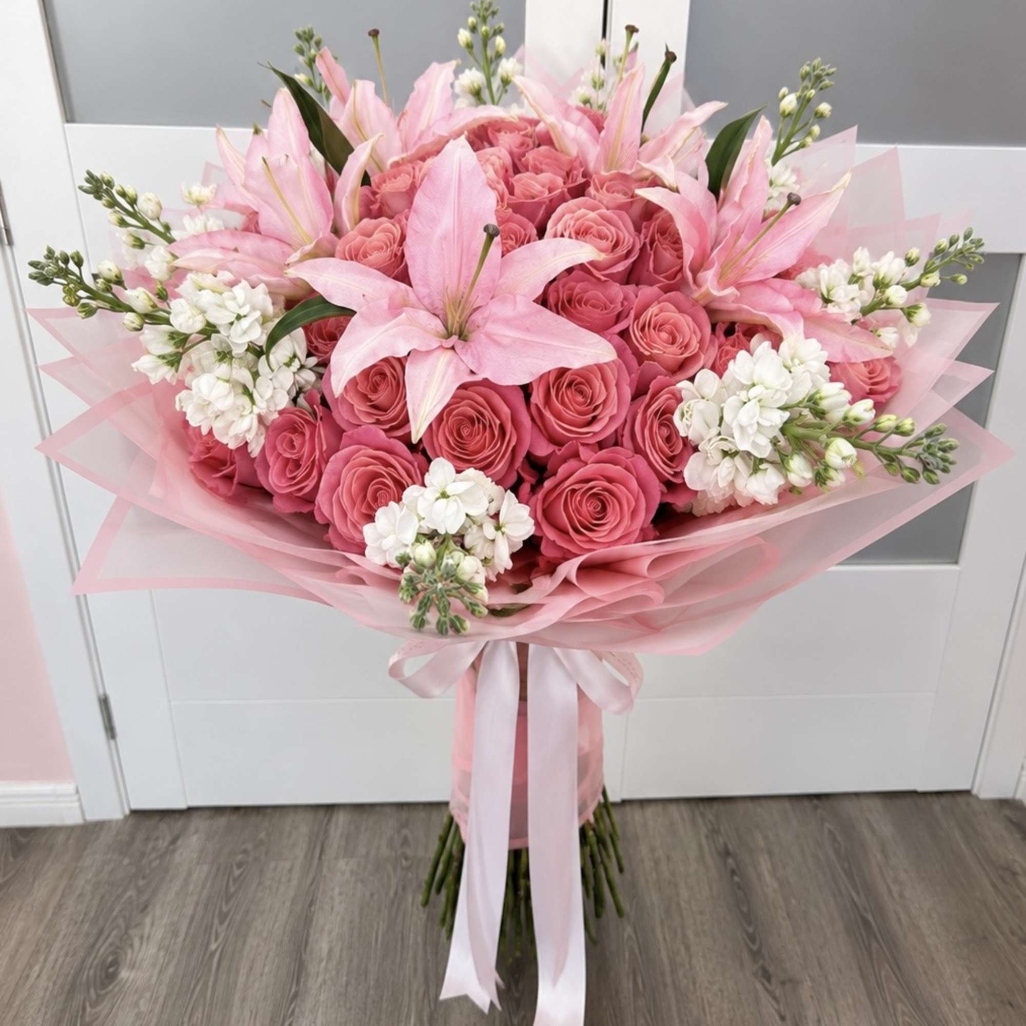 Pink rose bouquet with lilies and white filler flowers wrapped in pink paper
