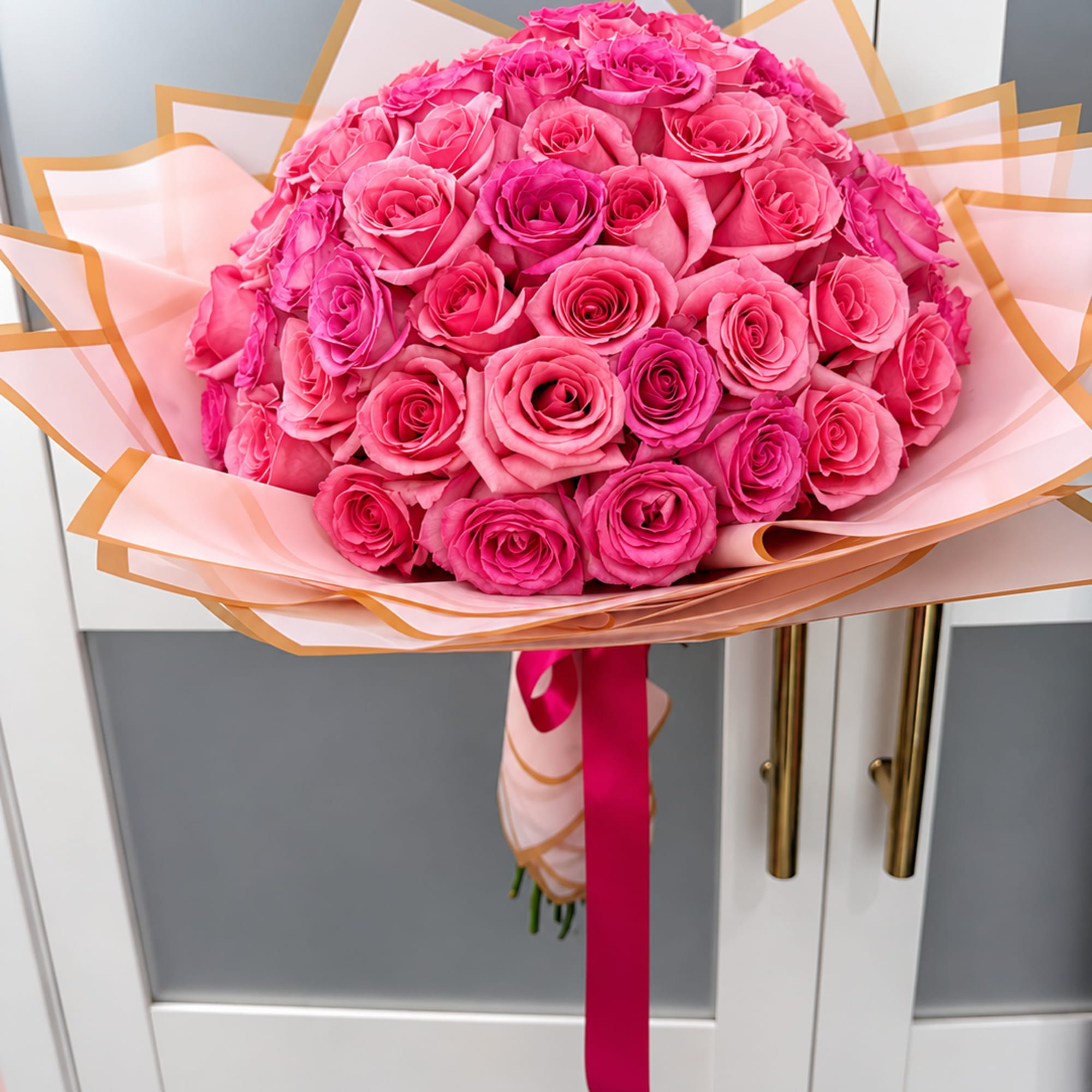 Large bouquet of bright pink roses wrapped in pale pink paper with a ribbon