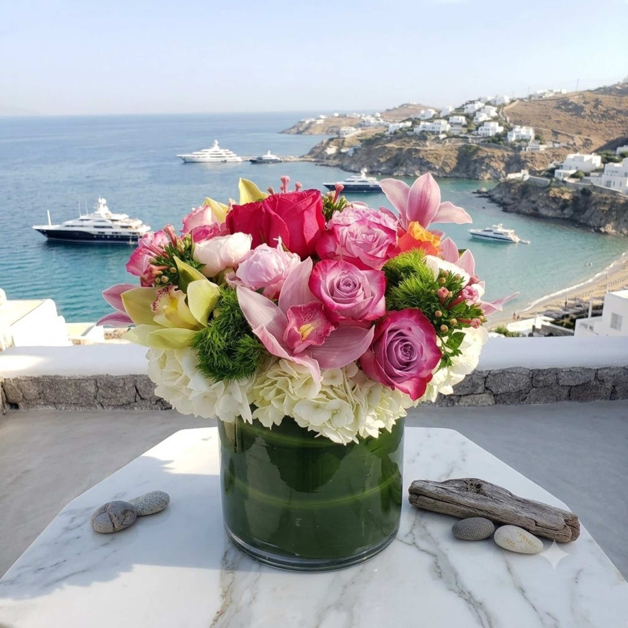 Pink and white flower arrangement in a glass vase on a table by the sea