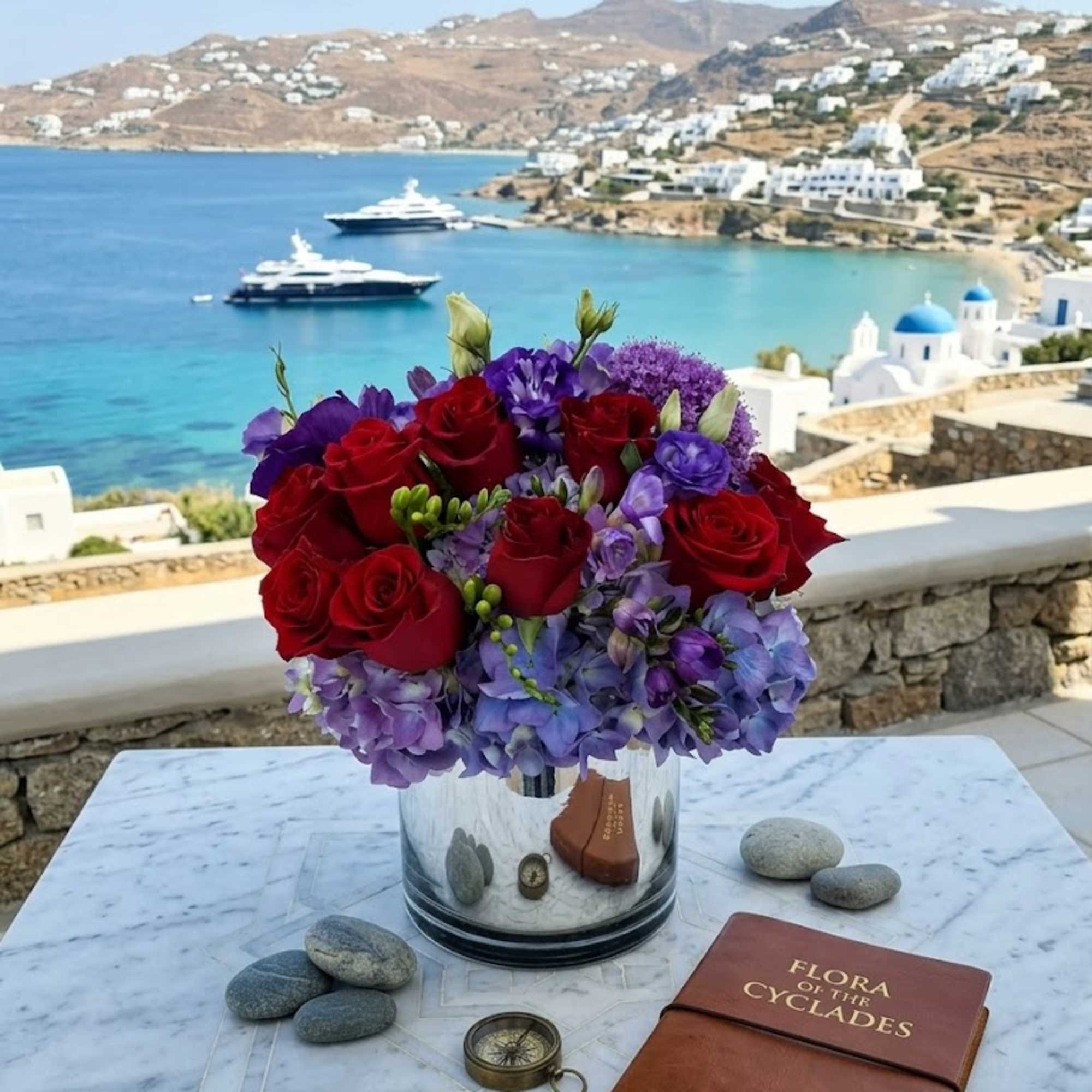 Bouquet of red roses and purple flowers in a glass vase on a marble table