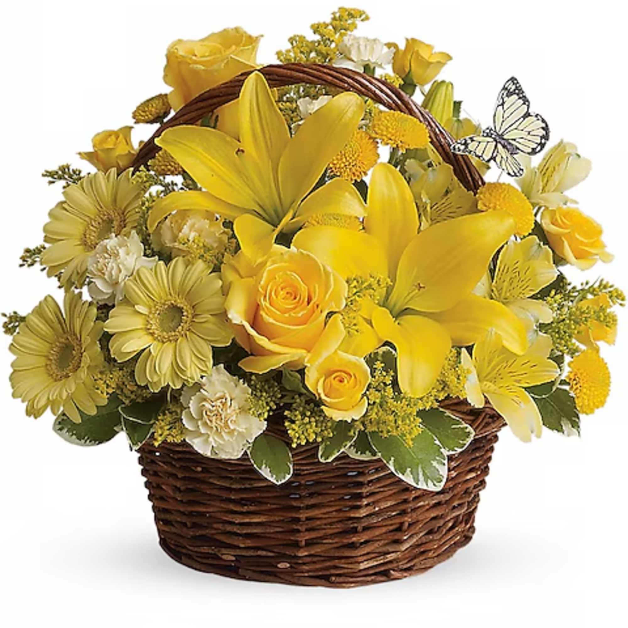Yellow flowers arranged in a wicker basket with a butterfly accent