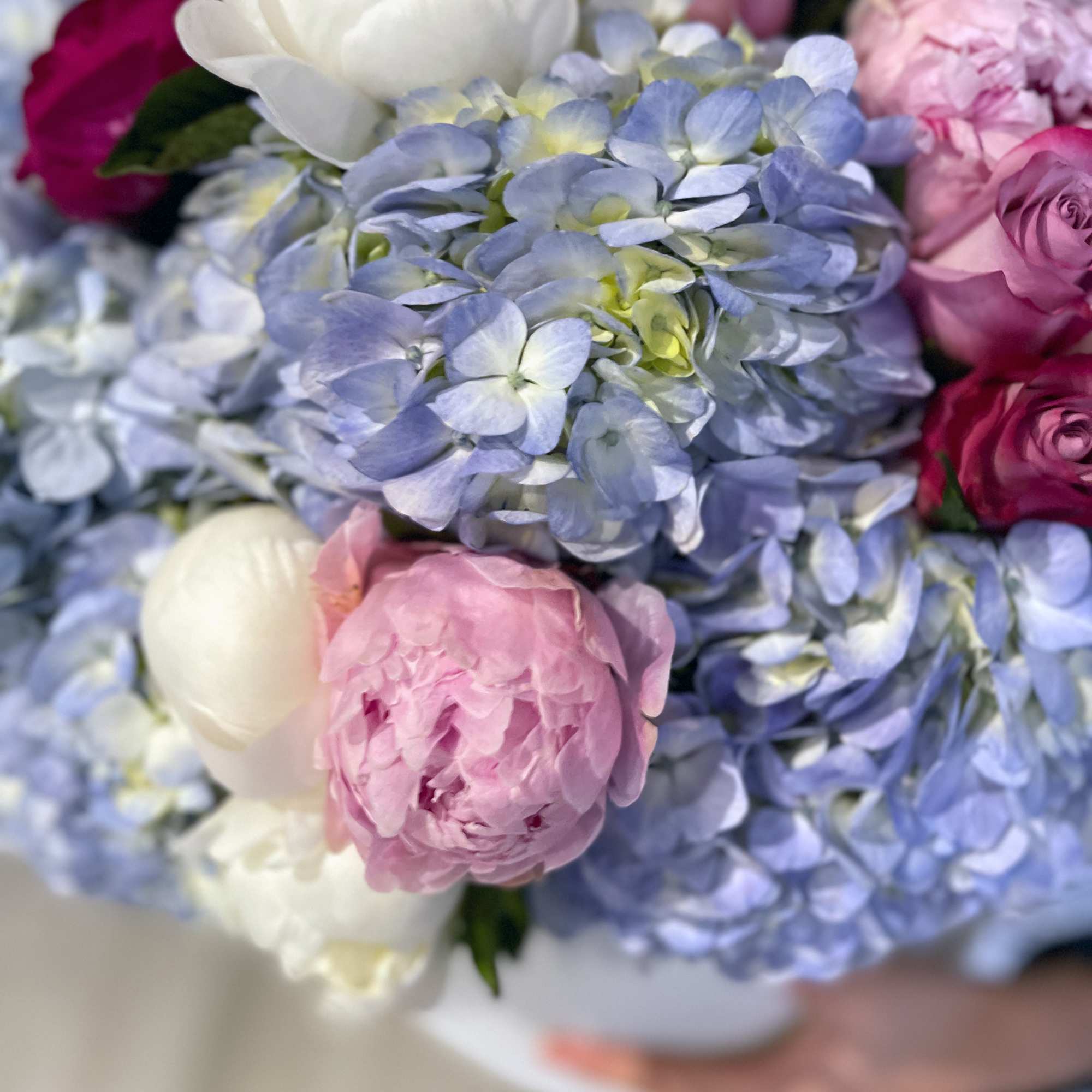 Bouquet of blue hydrangeas with pink and white flowers