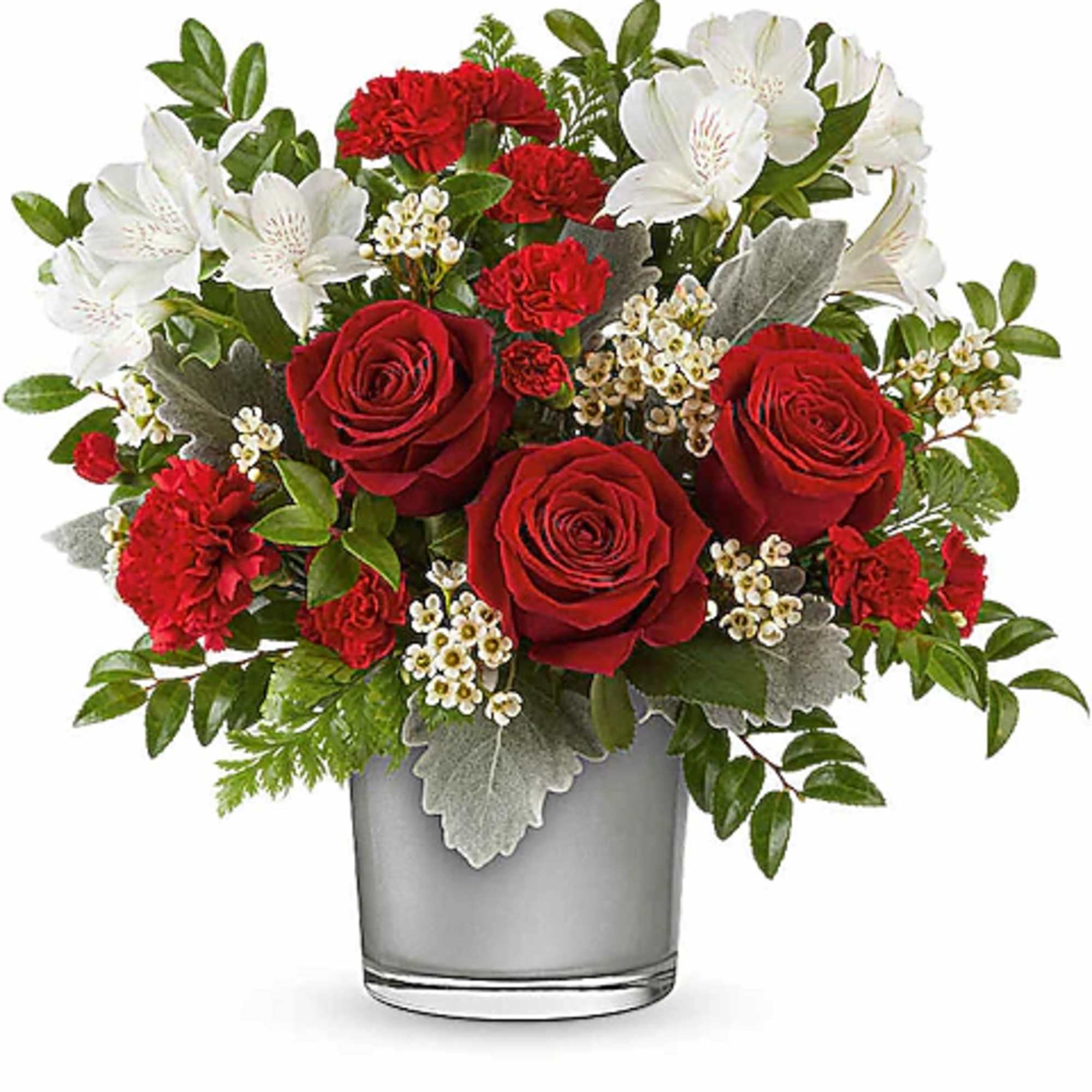 Red roses and white flowers arranged in a gray glass vase