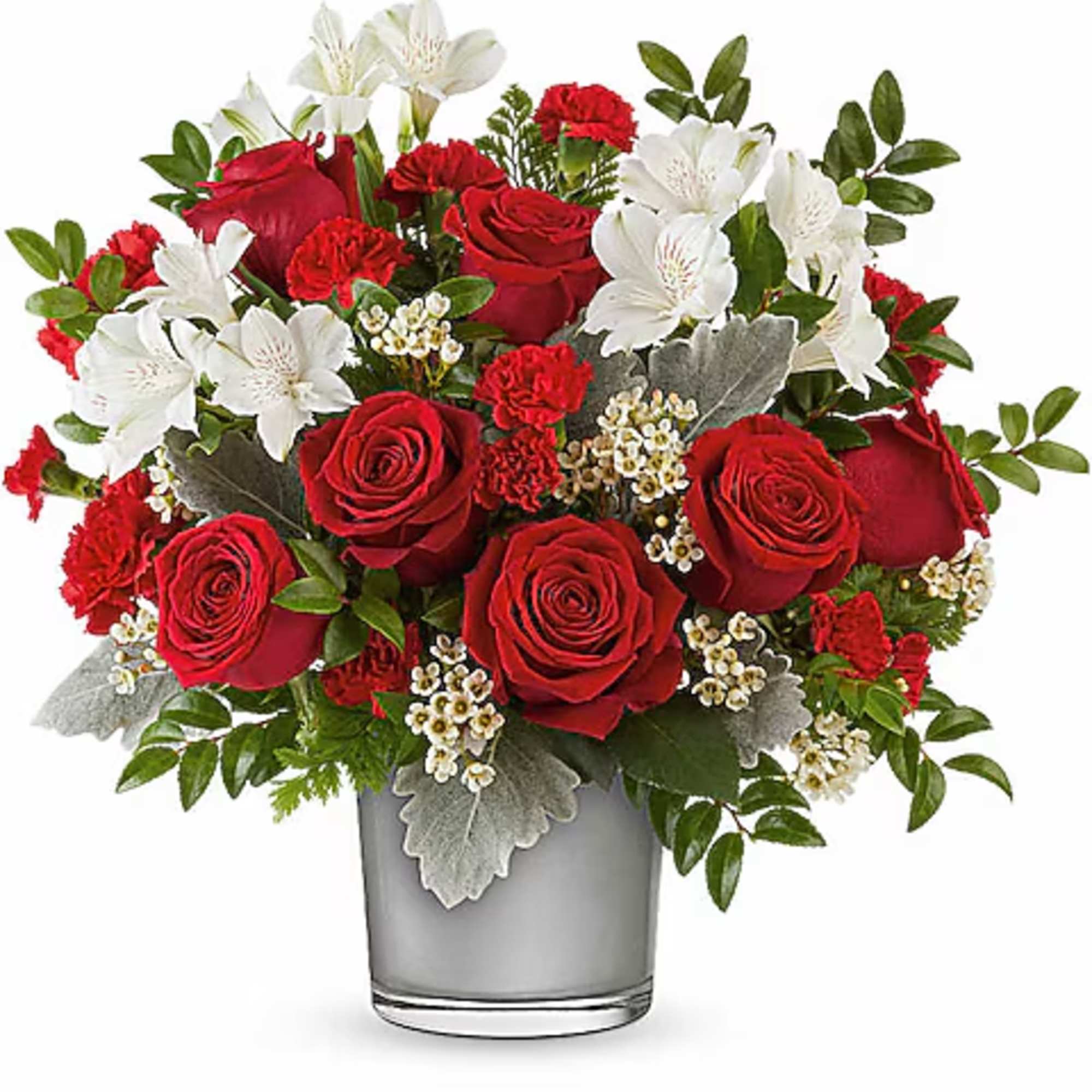 Red roses and white alstroemeria in a gray glass vase