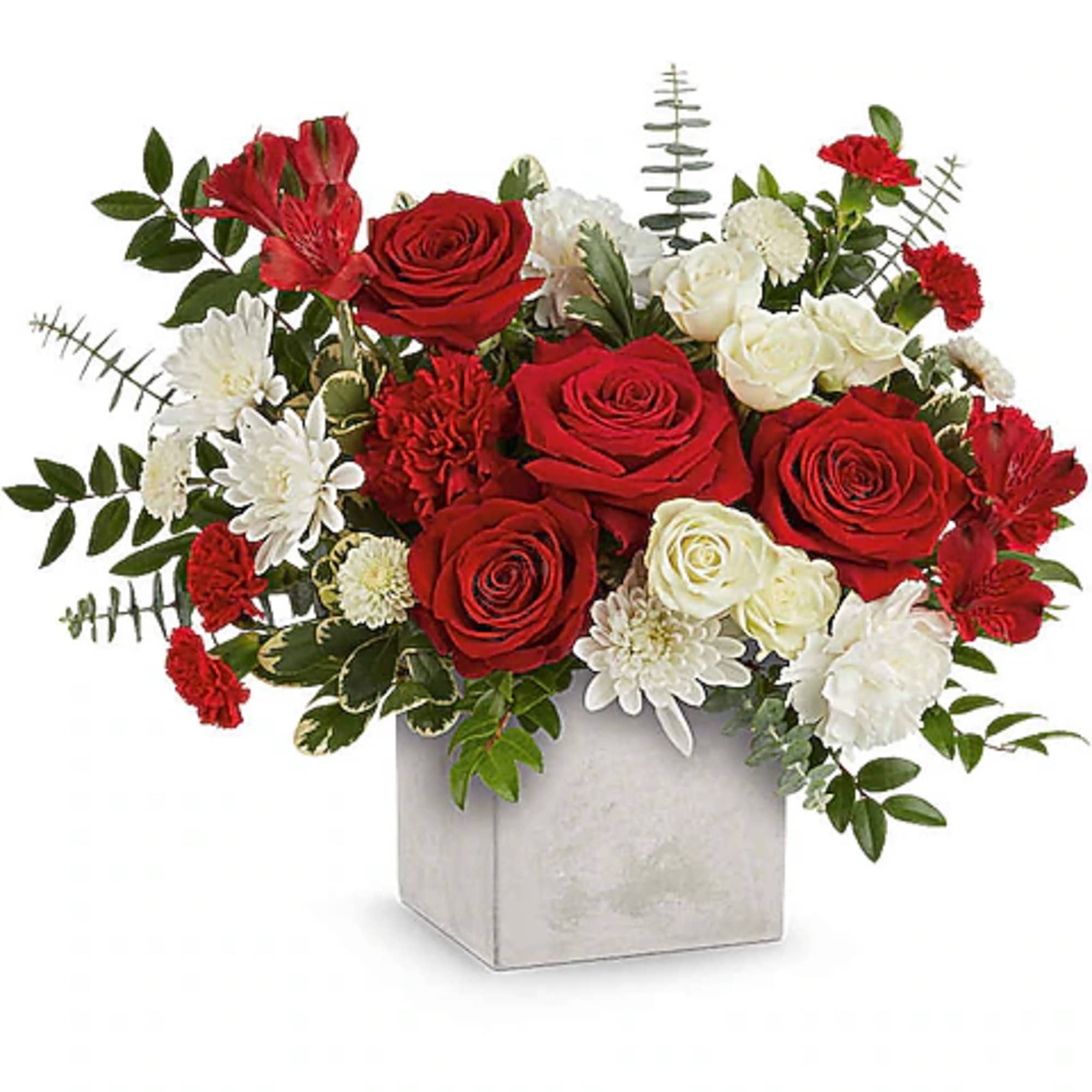 Red and white rose arrangement in a square silver vase