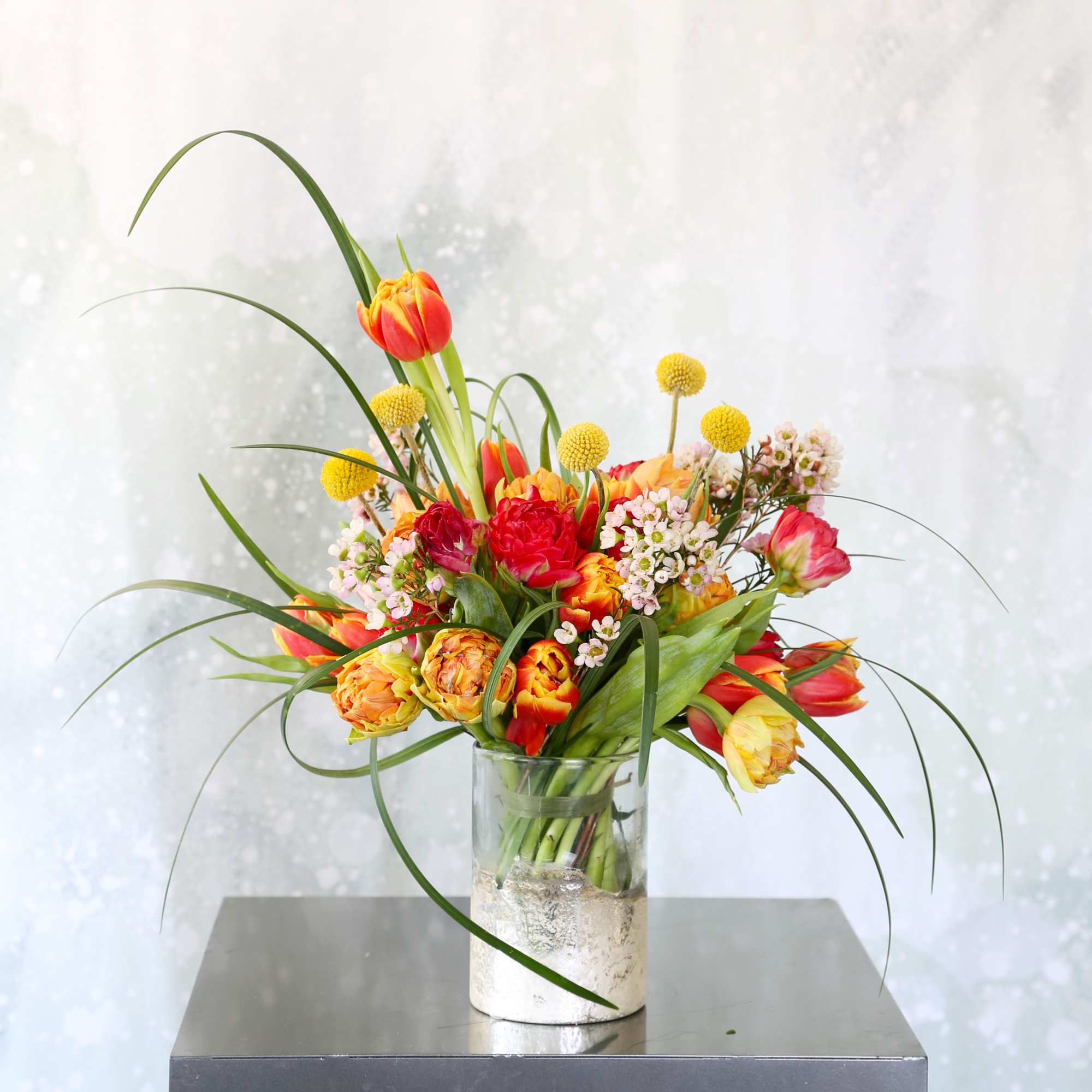 27-30 stems Multi cheerful color Tulips arrange with Craspedia Billy, Bear grass, photo 2 of 4