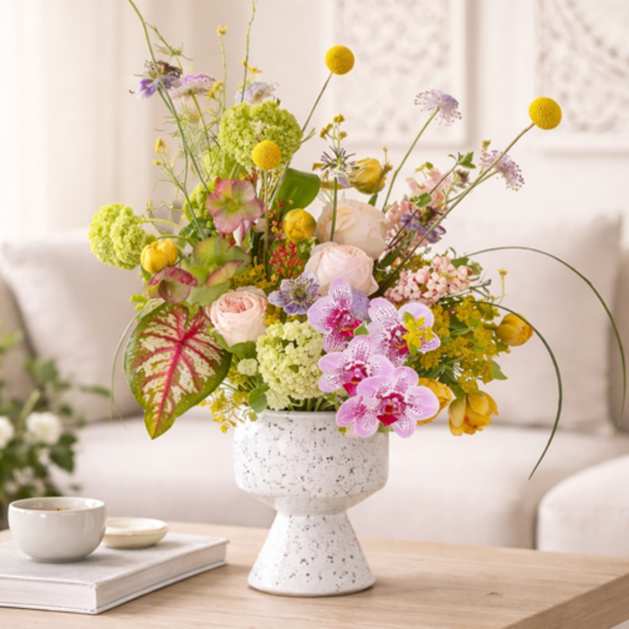 A joyful Mother's Day arrangement with Orchids, garden roses, Viburnum, Hellebore and, photo 4 of 4