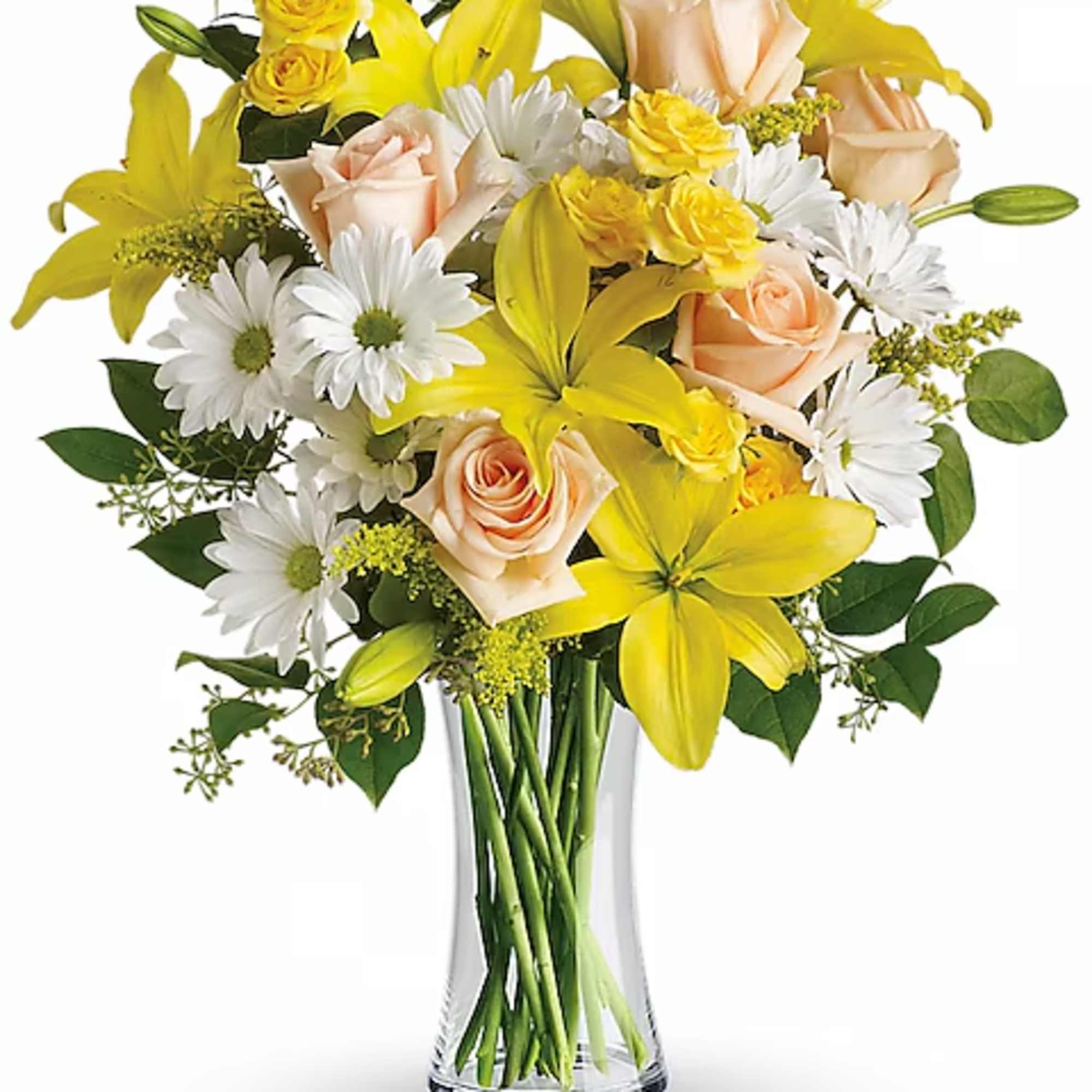 Bouquet of yellow lilies, peach roses, and white daisies in a clear glass vase