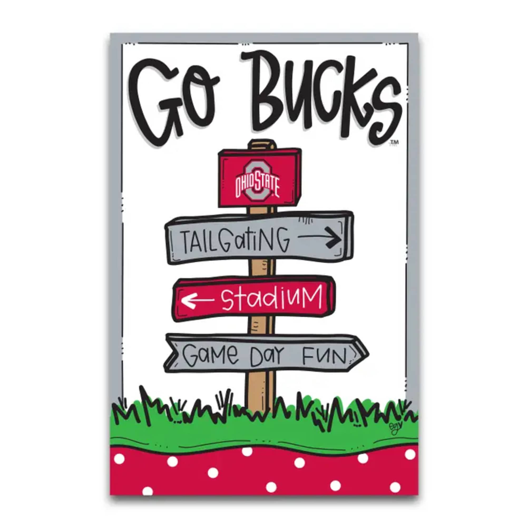 Go Bucks sign with a tailgating direction post illustration