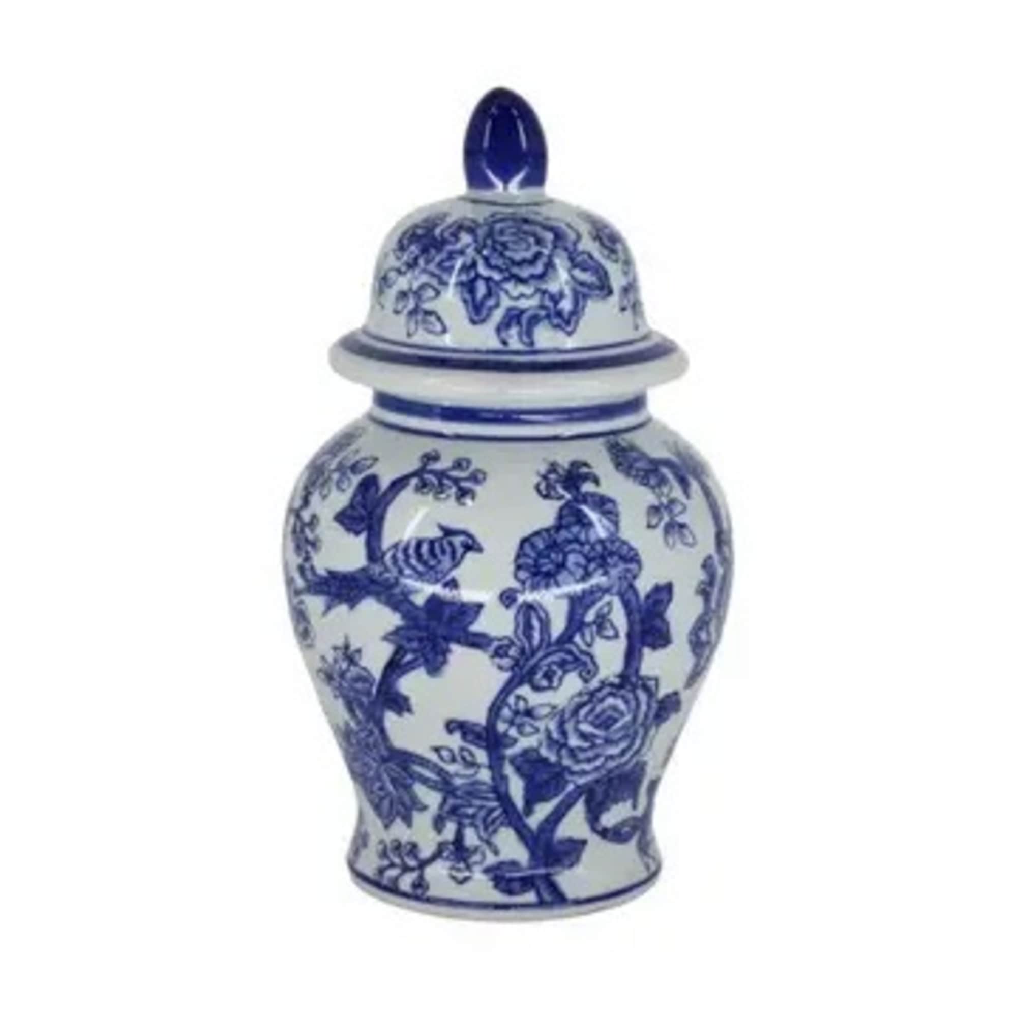 Blue and white ceramic ginger jar with floral pattern