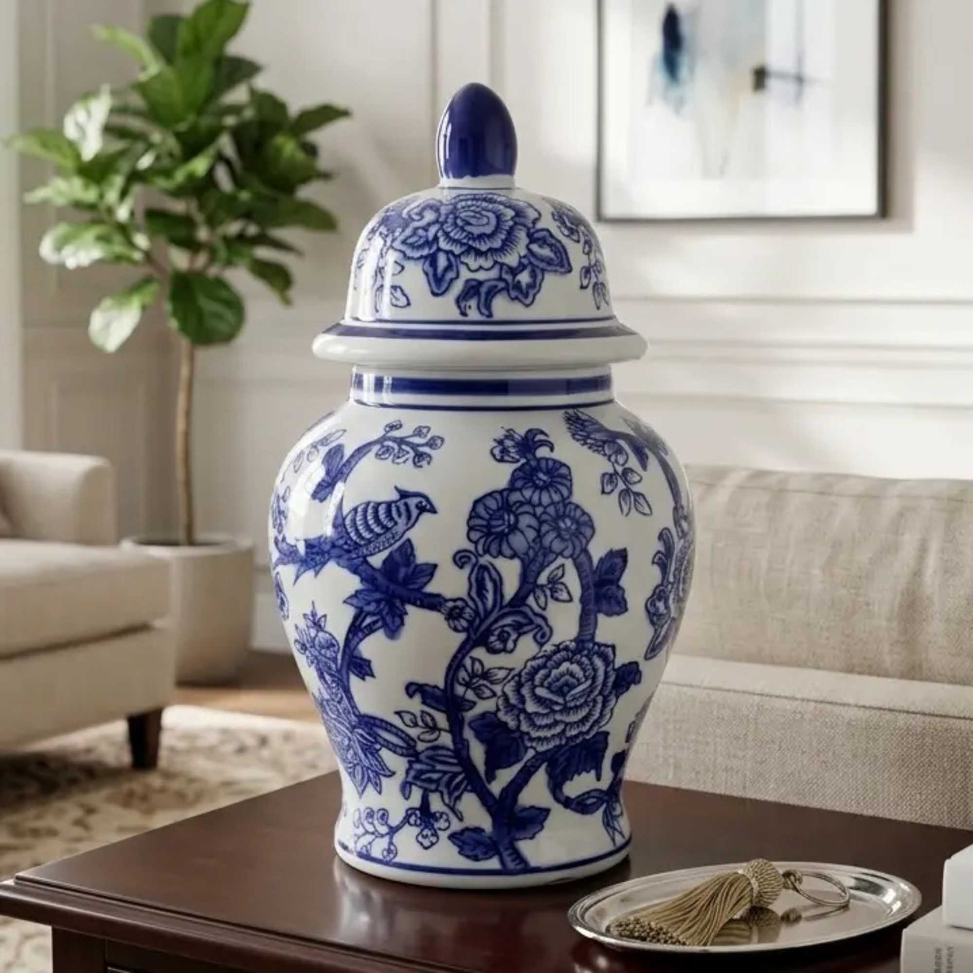 Blue-and-white ceramic ginger jar on a coffee table