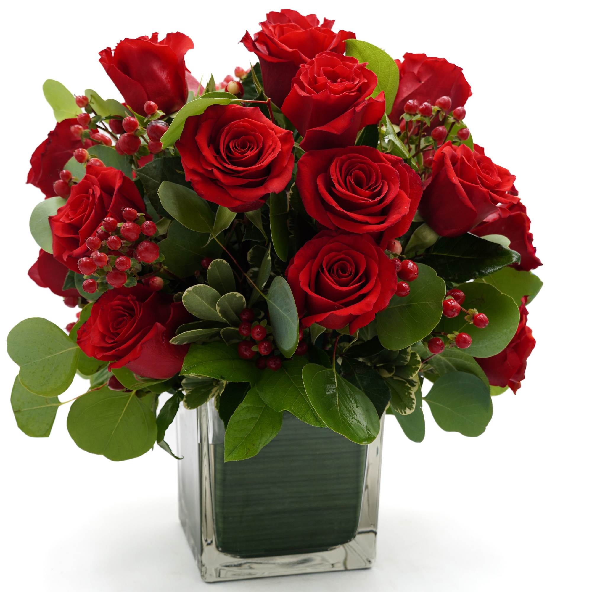 24 premium red roses arranged in a clear 5x5 cube vase , photo 2 of 2