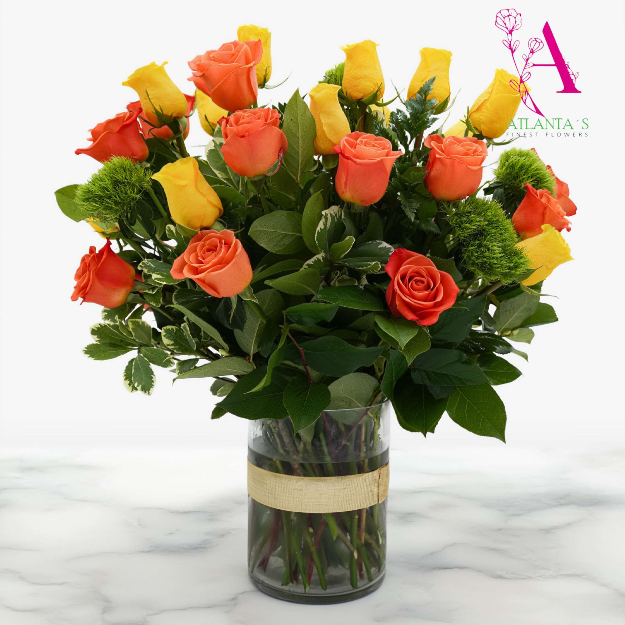 A lively cluster of yellow, peach, and orange roses makes a joyful