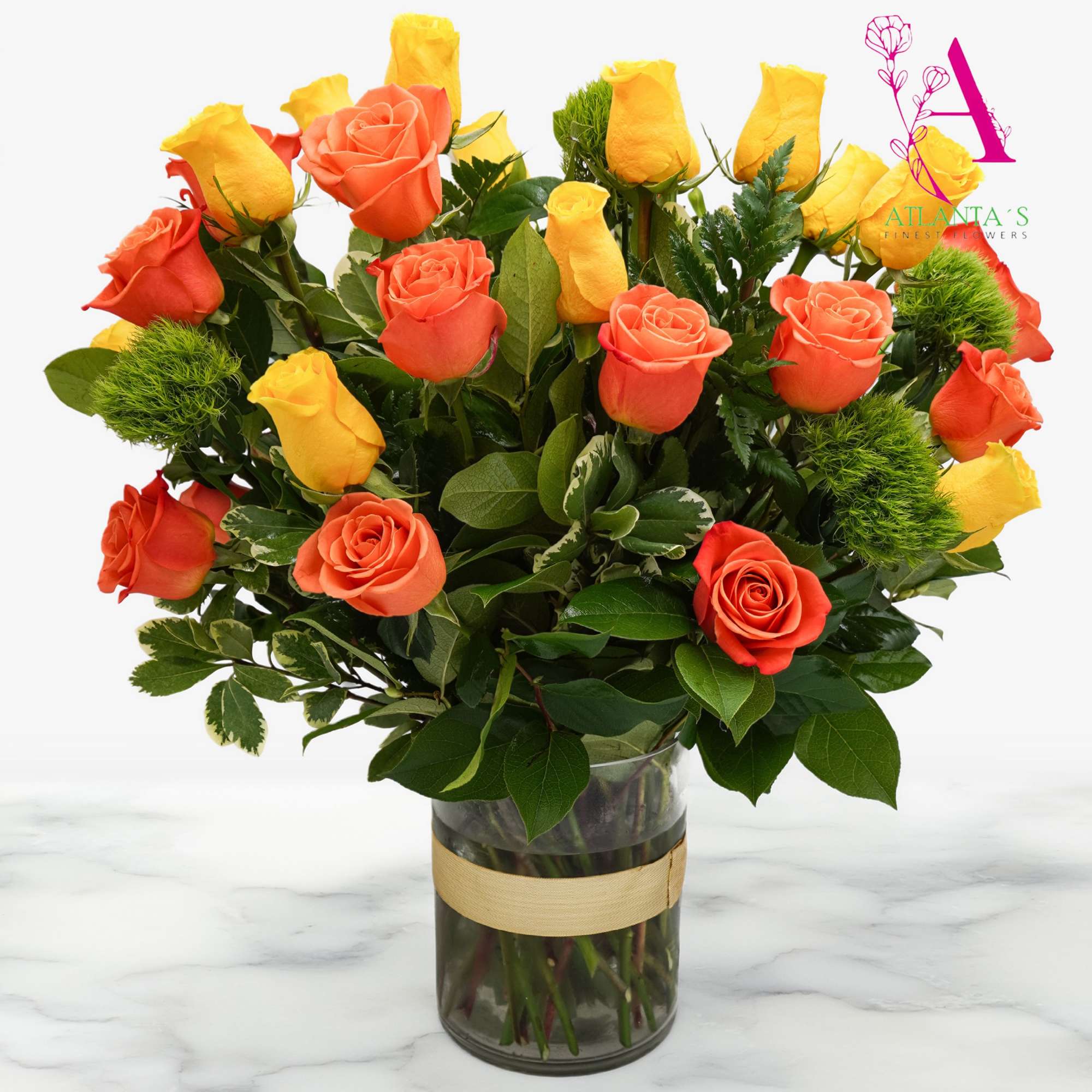 A lively cluster of yellow, peach, and orange roses makes a joyful, photo 2 of 3