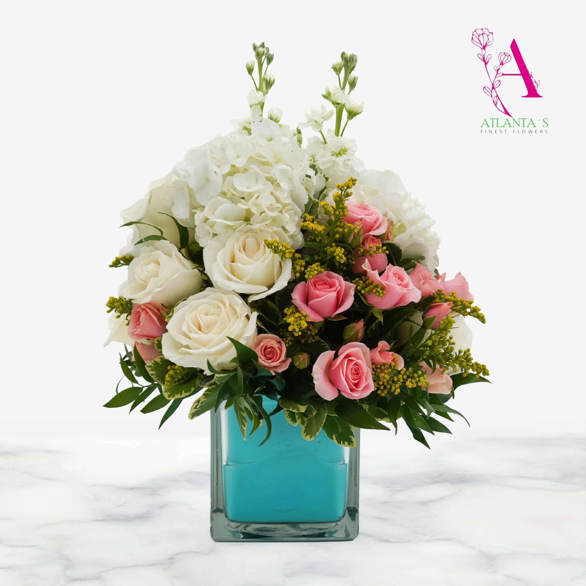 A soft cluster of blush-pink roses and creamy white hydrangea-like blooms framed