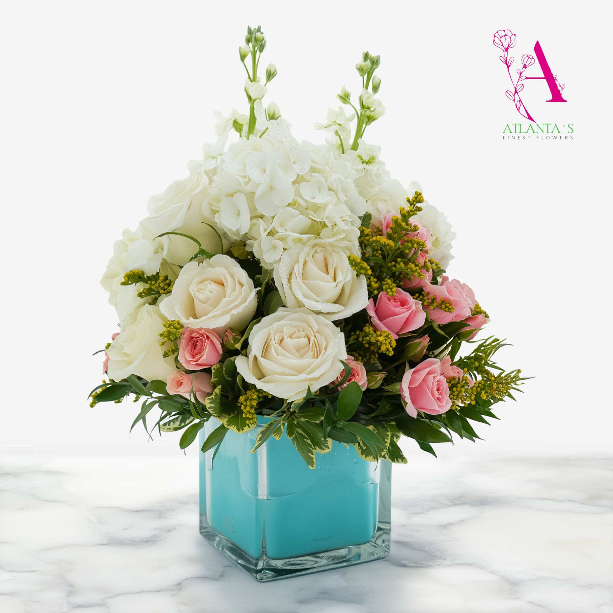 A soft cluster of blush-pink roses and creamy white hydrangea-like blooms framed, photo 2 of 3