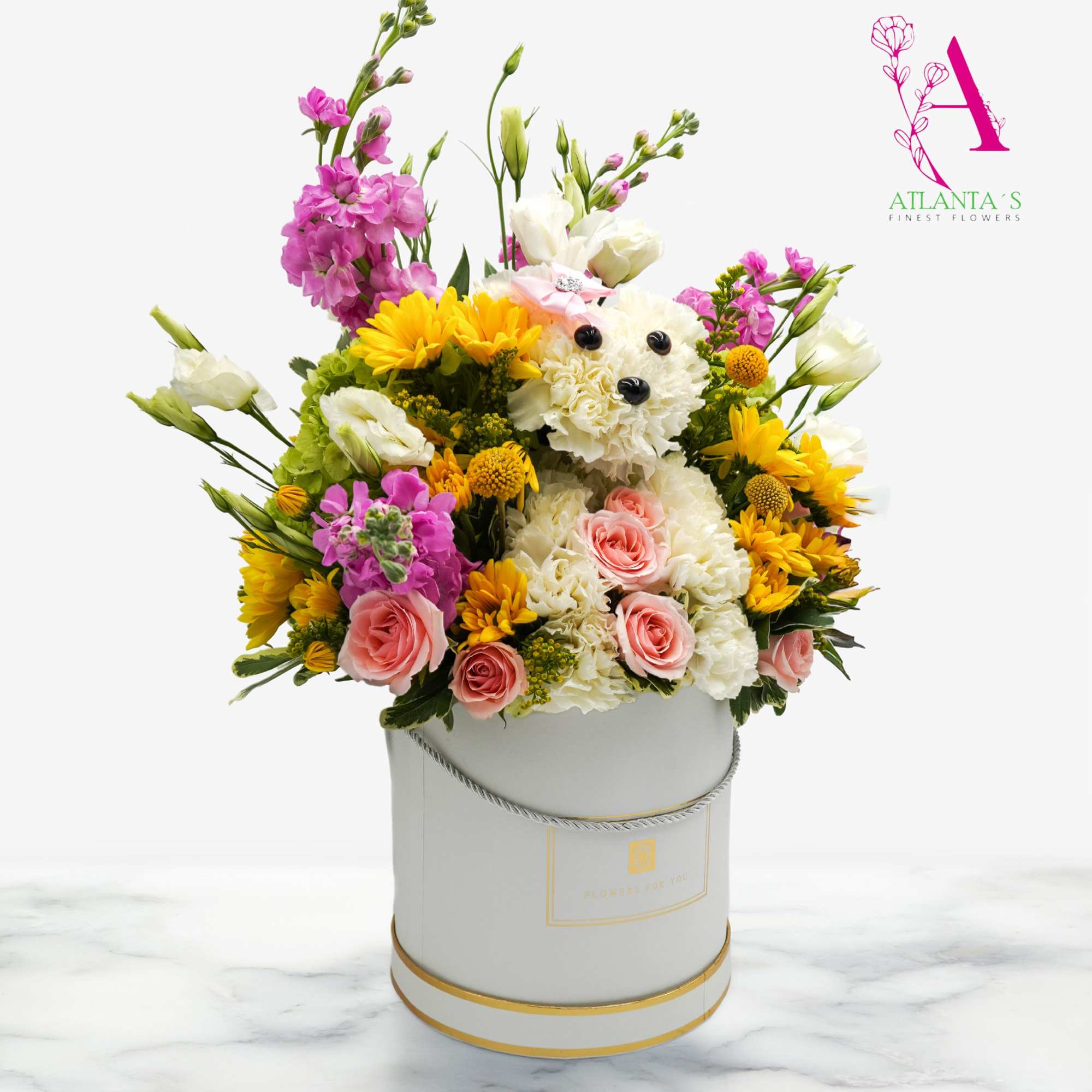 Includes White carnations, Pom daisy yellow, Pink spray roses, Lisianthus, Hydrangeas, mini, photo 3 of 3