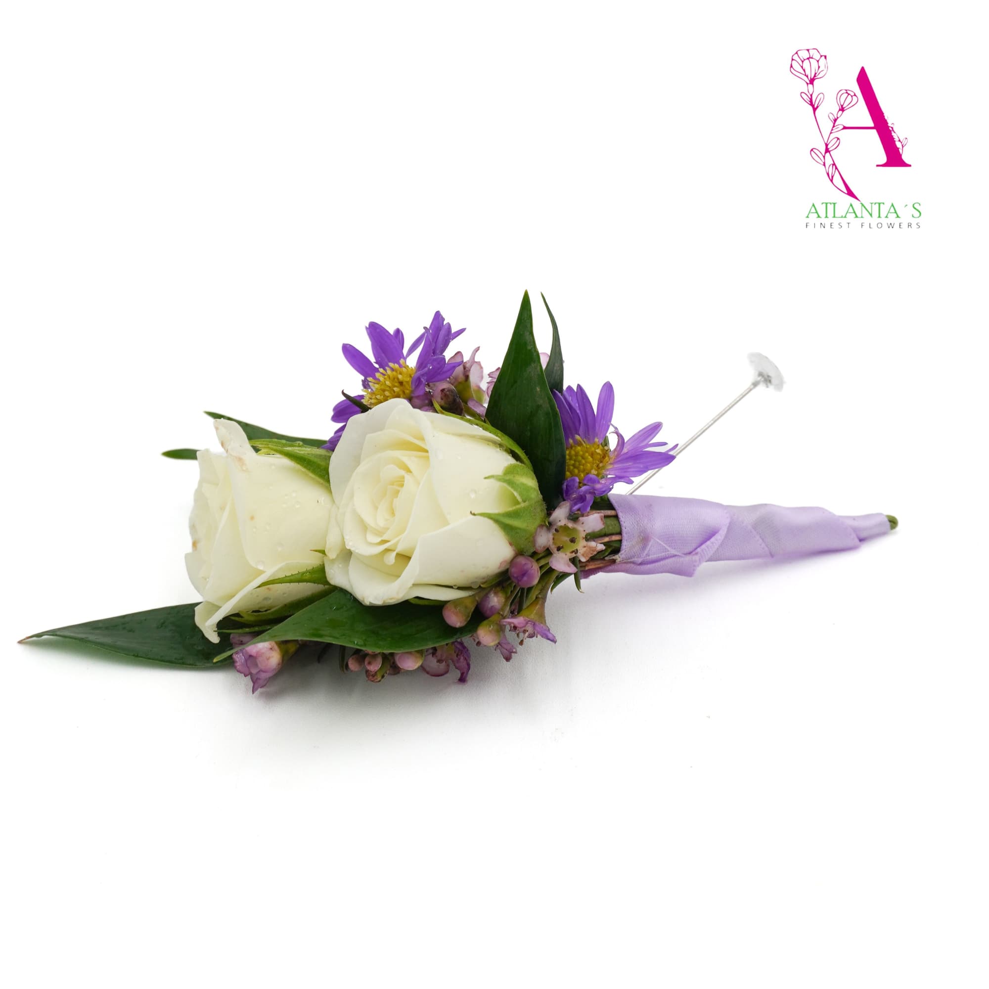 Designed with fresh purple blooms and white spray roses and finished with, photo 2 of 2