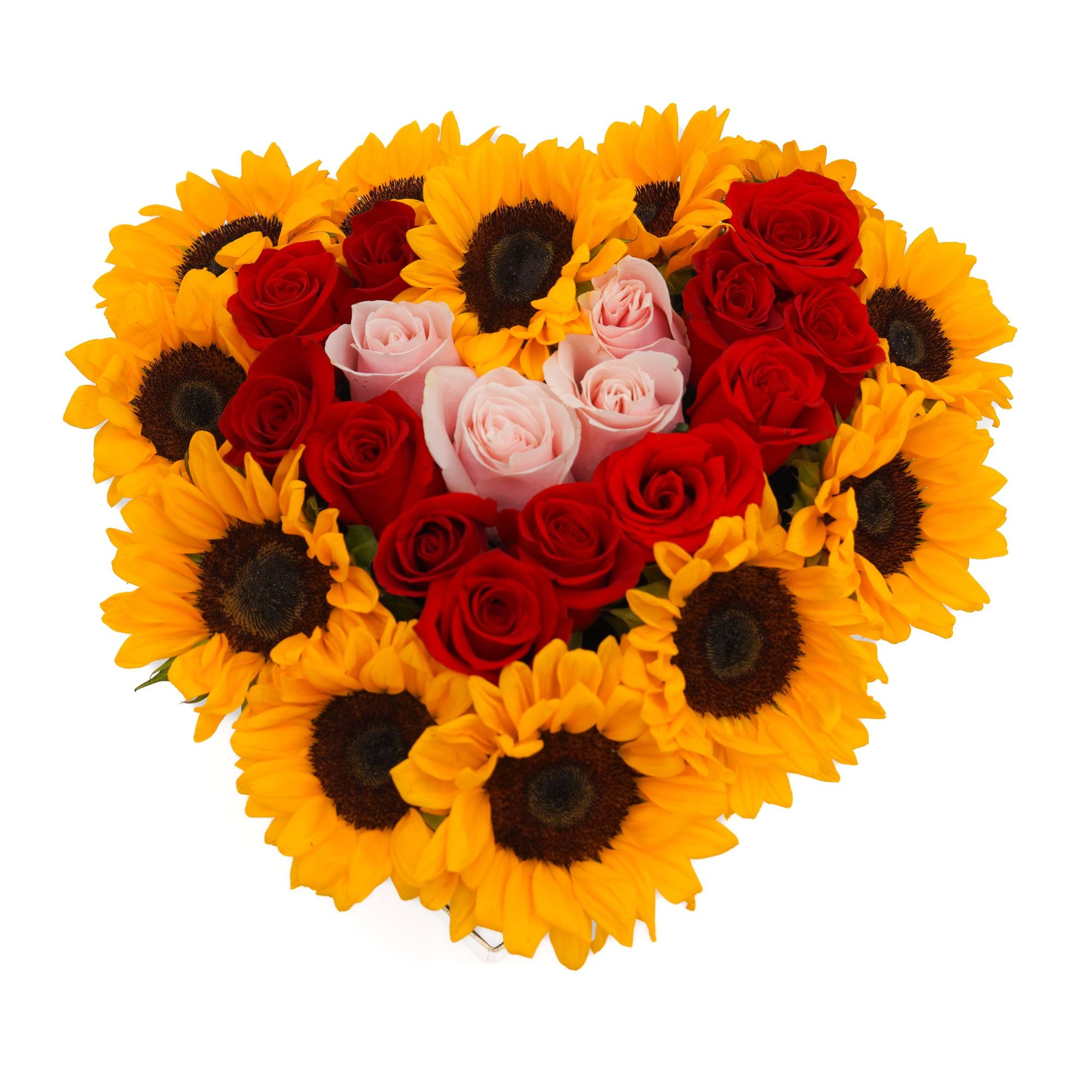 Heart-shaped bouquet of sunflowers and red and pink roses