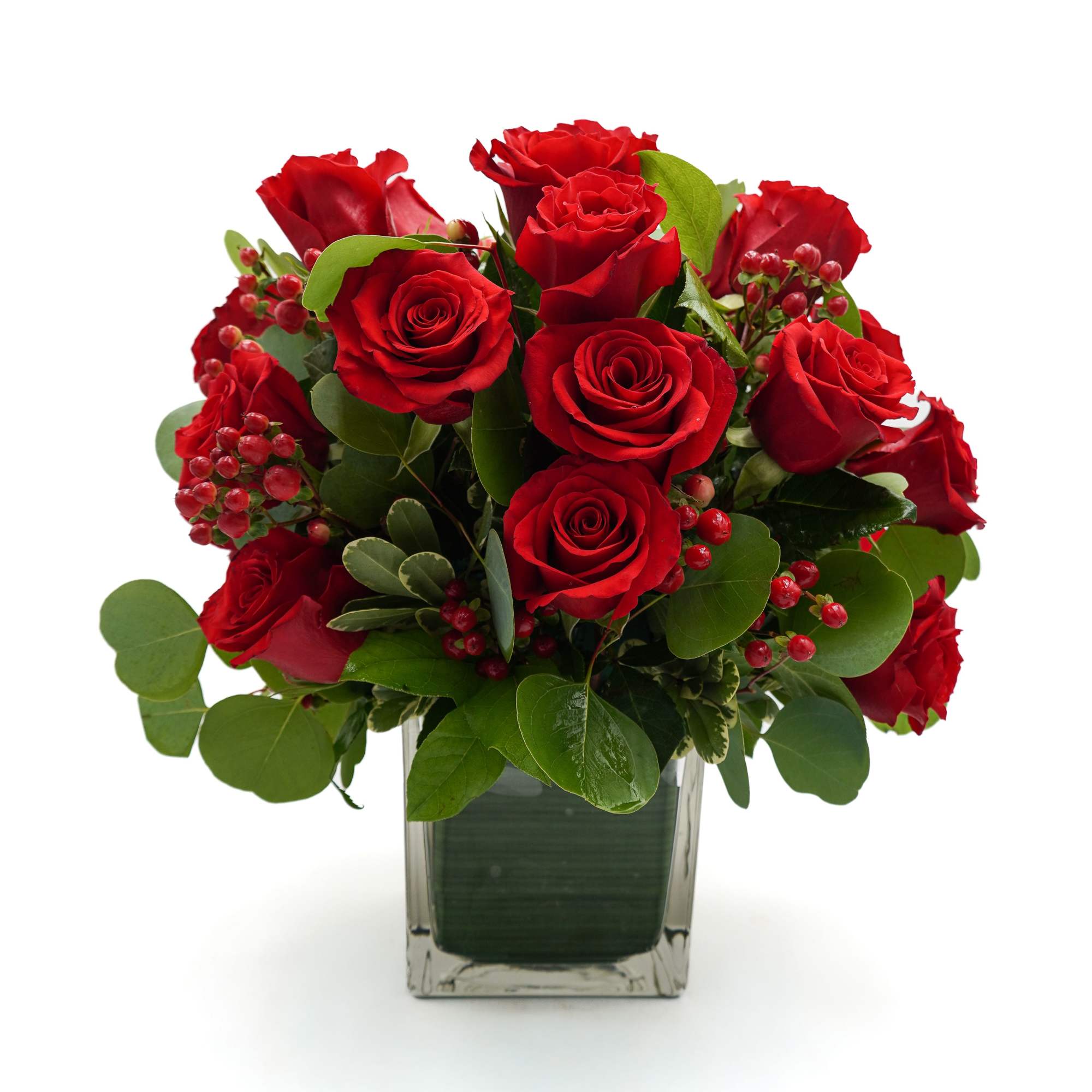 24 premium red roses arranged in a clear 5x5 cube vase 