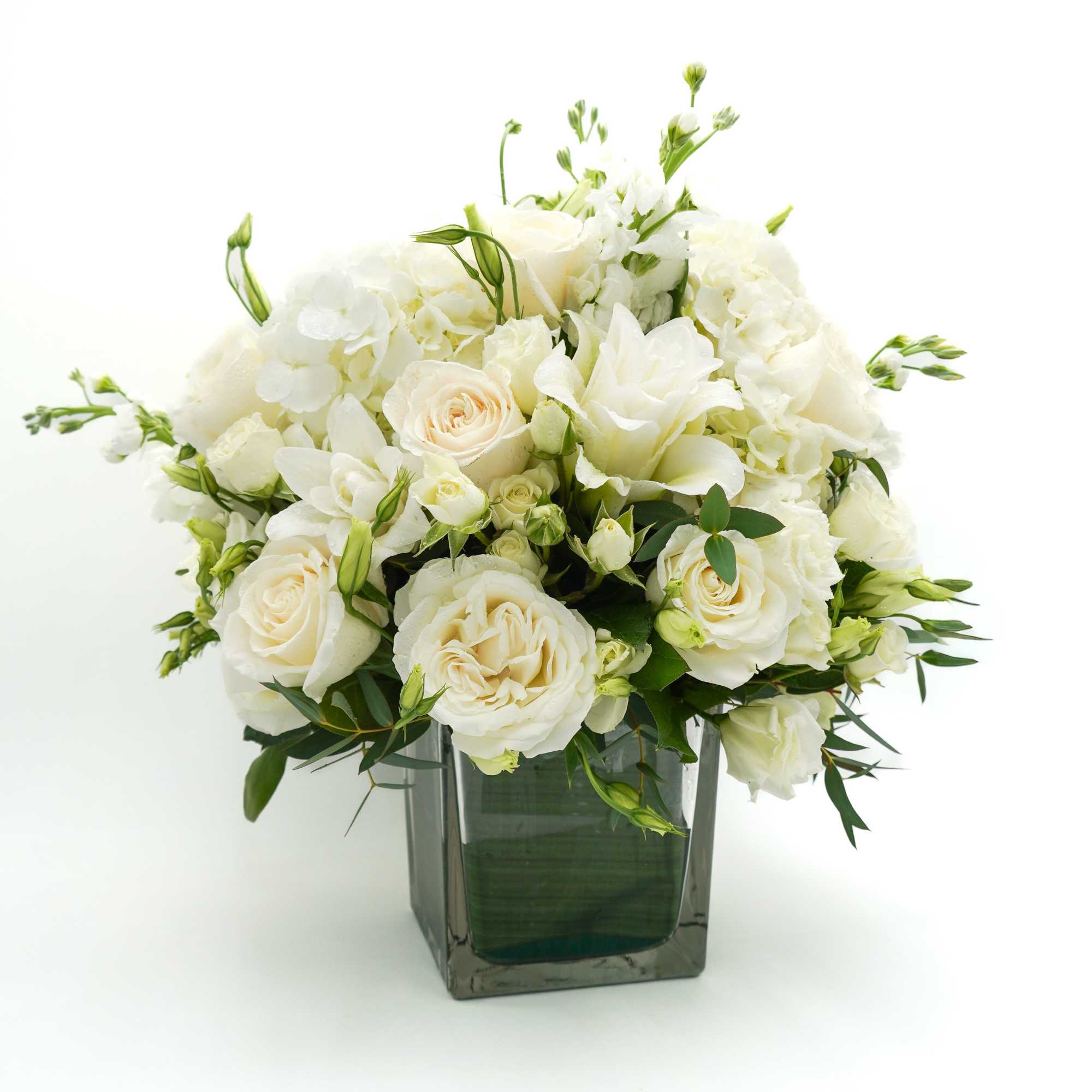 6x6 glass cube vase with white lilies, white roses, white Stock and, photo 2 of 2