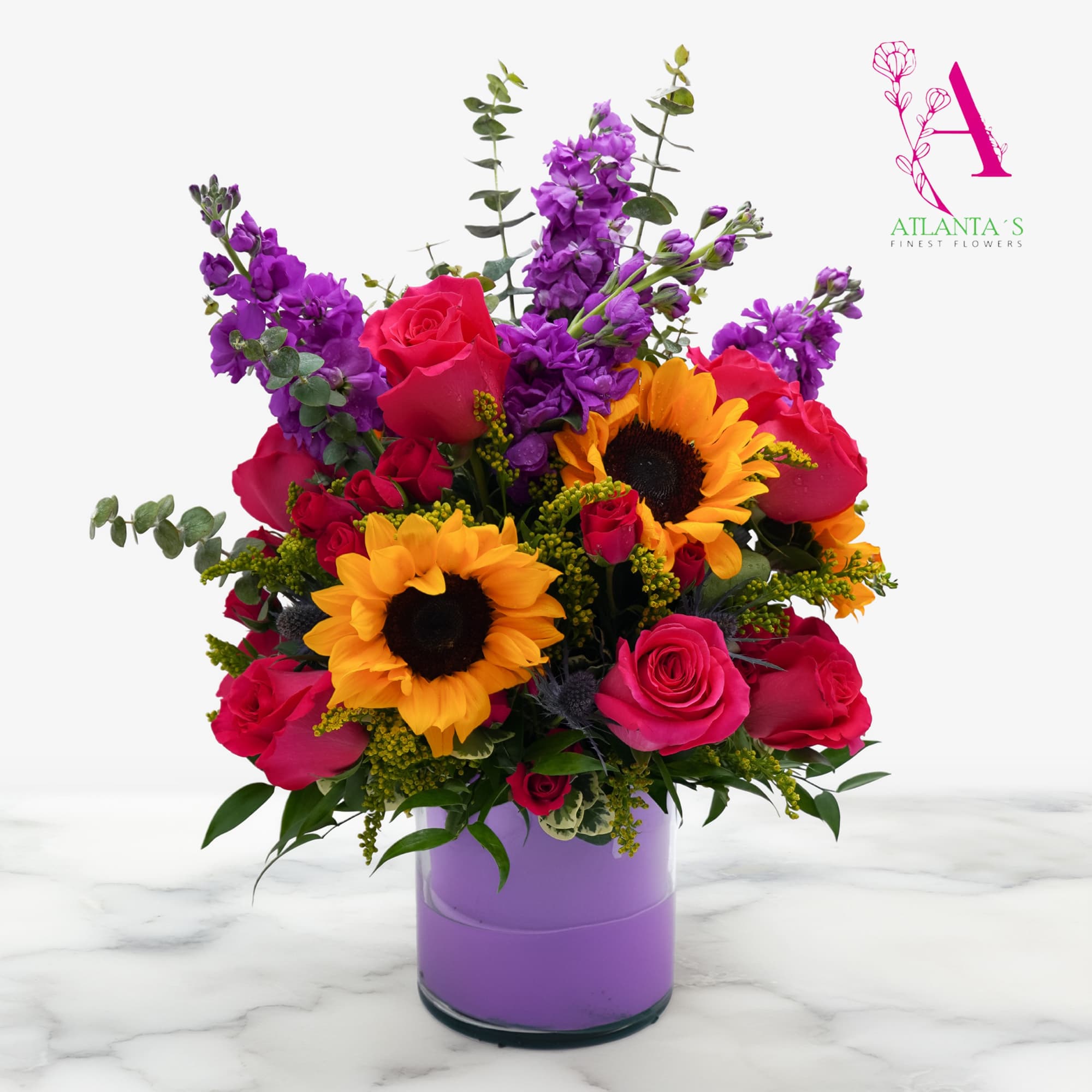 Includes Hot Pink Roses, Hot pink spray roses, sunflowers, stock, yellow aster, photo 2 of 2
