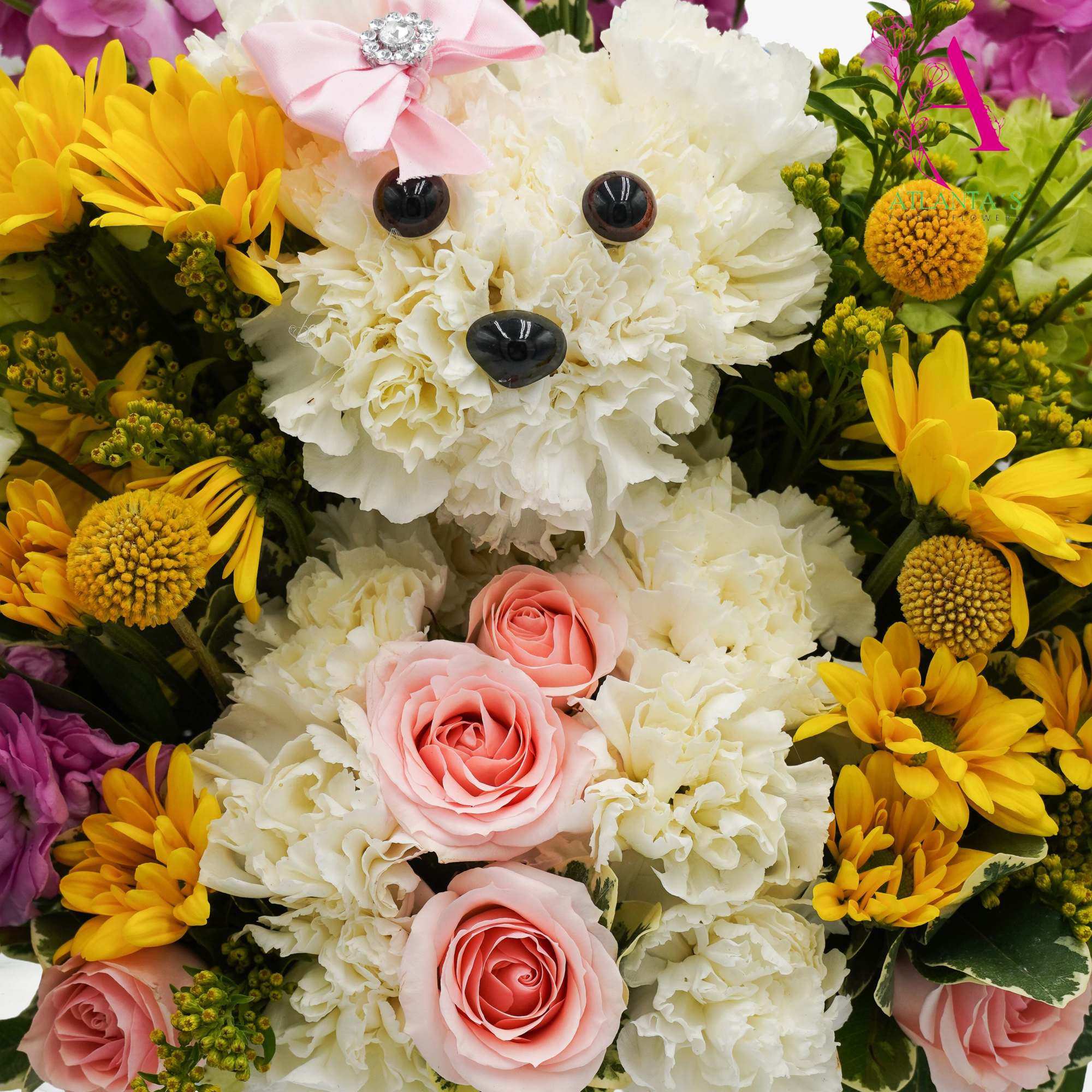 Includes White carnations, Pom daisy yellow, Pink spray roses, Lisianthus, Hydrangeas, mini, photo 2 of 3