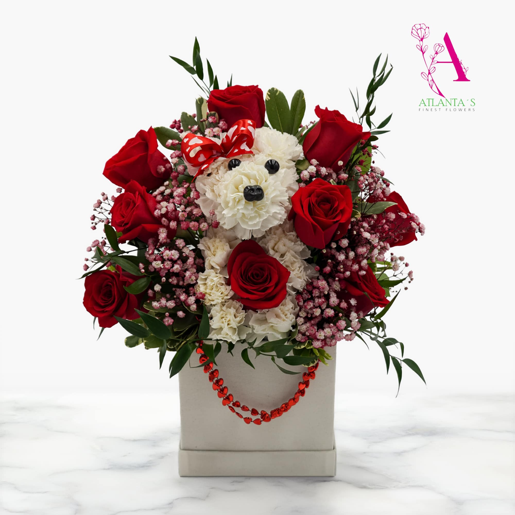 Includes Red Roses, Carnations, baby breaths, and mixed greenery 

Square Plush Box