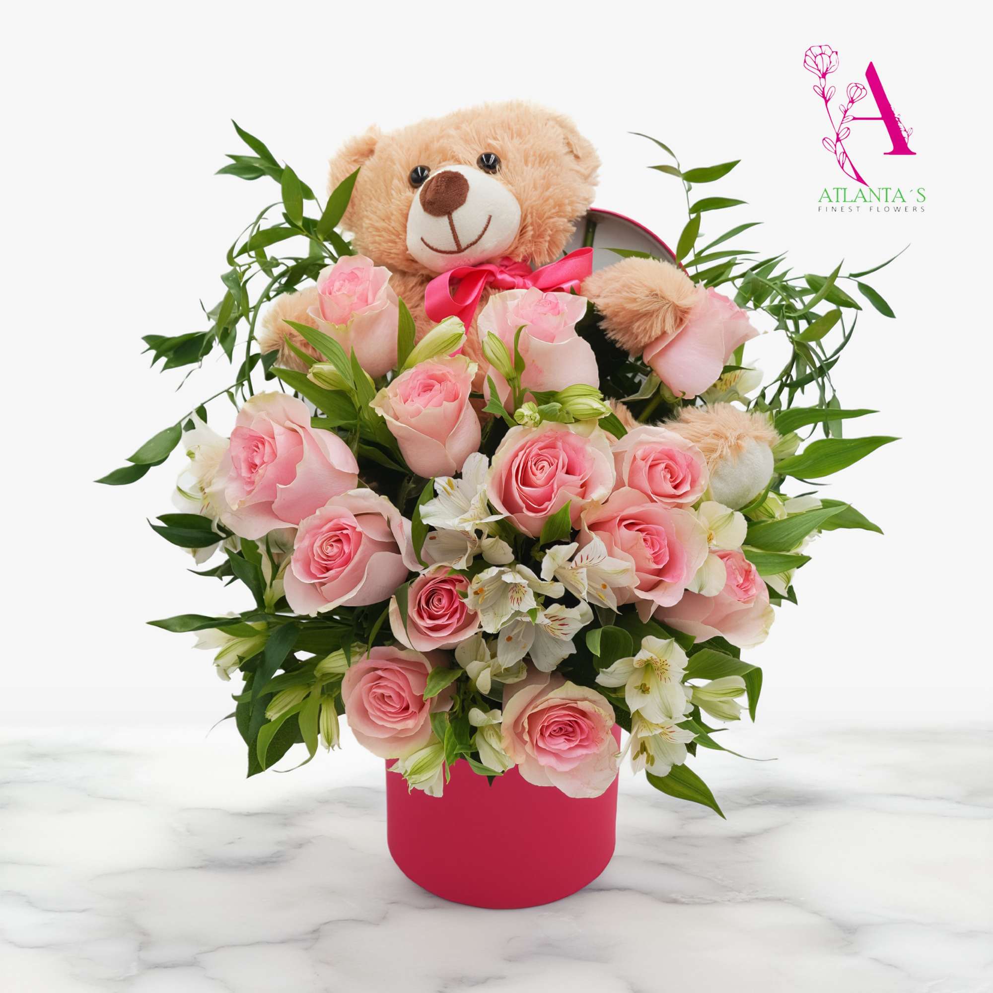 One Dozen Pink Roses with a Bear 