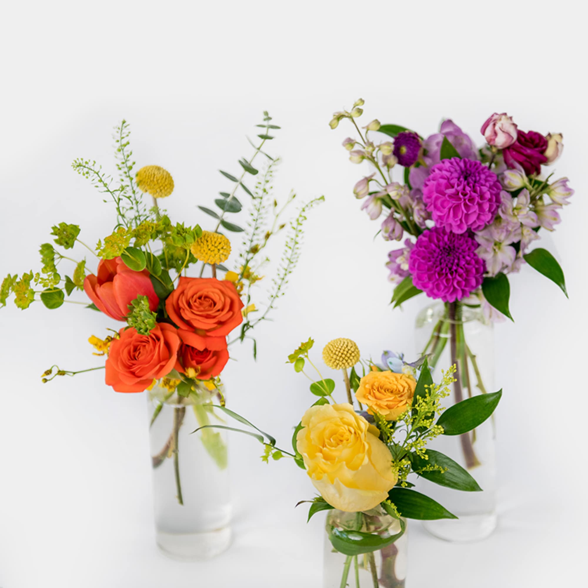 Three small colorful flower arrangements in clear glass bud vases on a white background