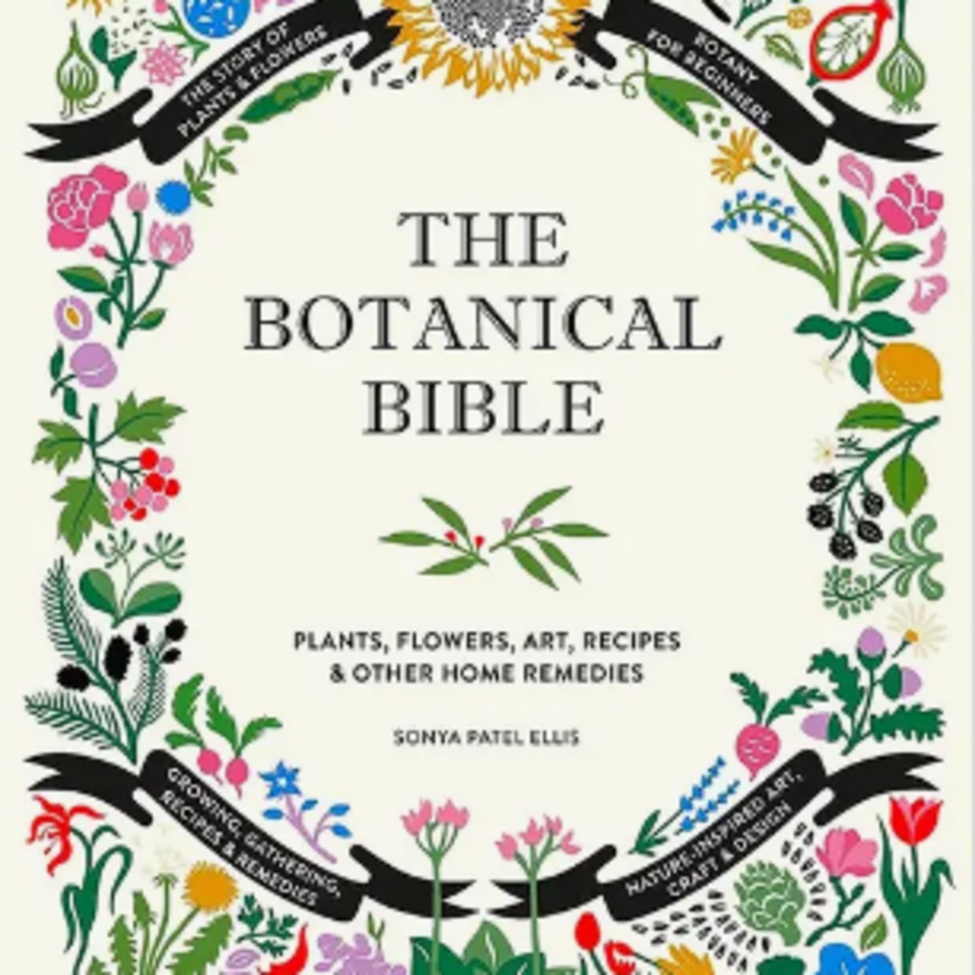 Book cover with colorful botanical illustrations framing the title The Botanical Bible