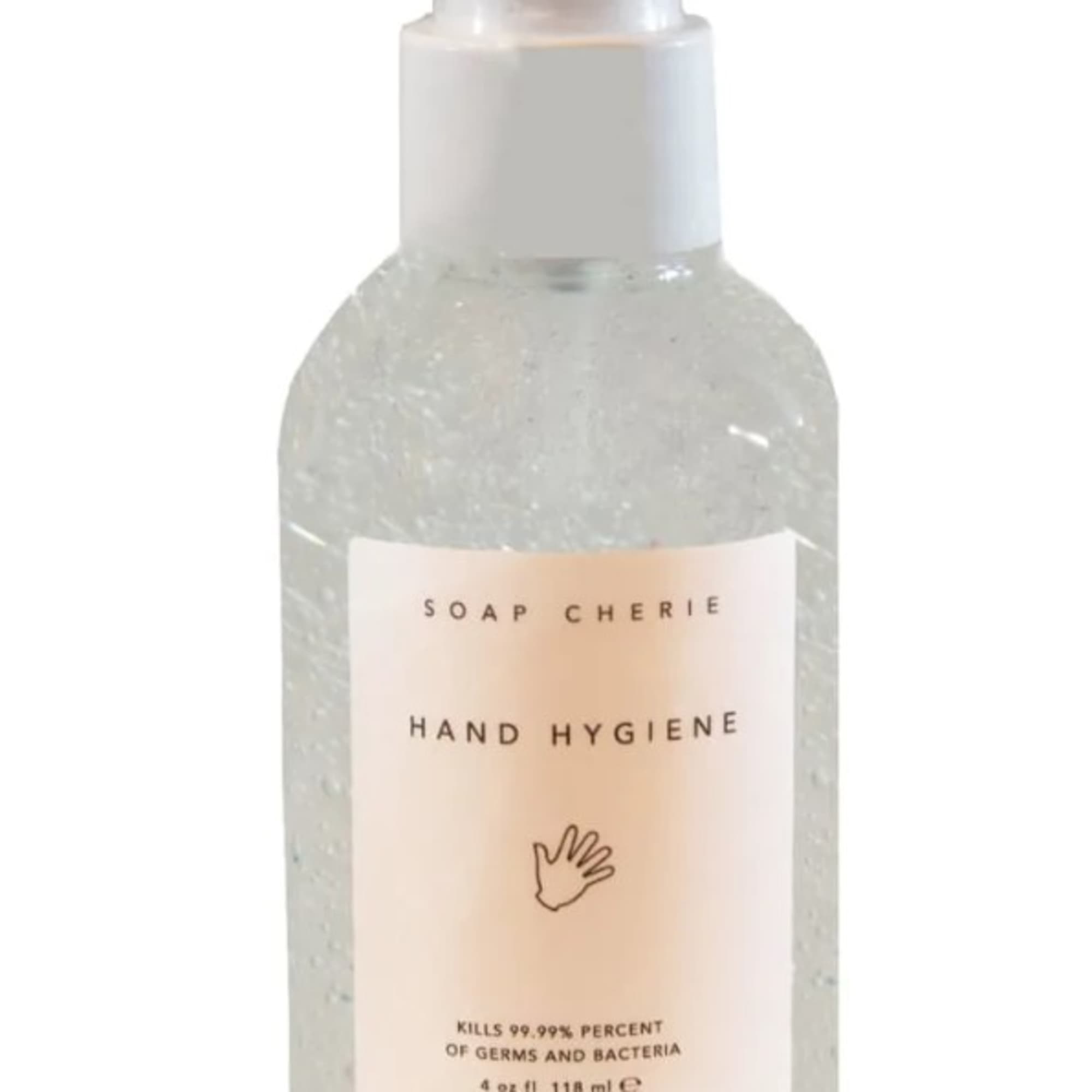 Clear hand sanitizer spray bottle with a white label