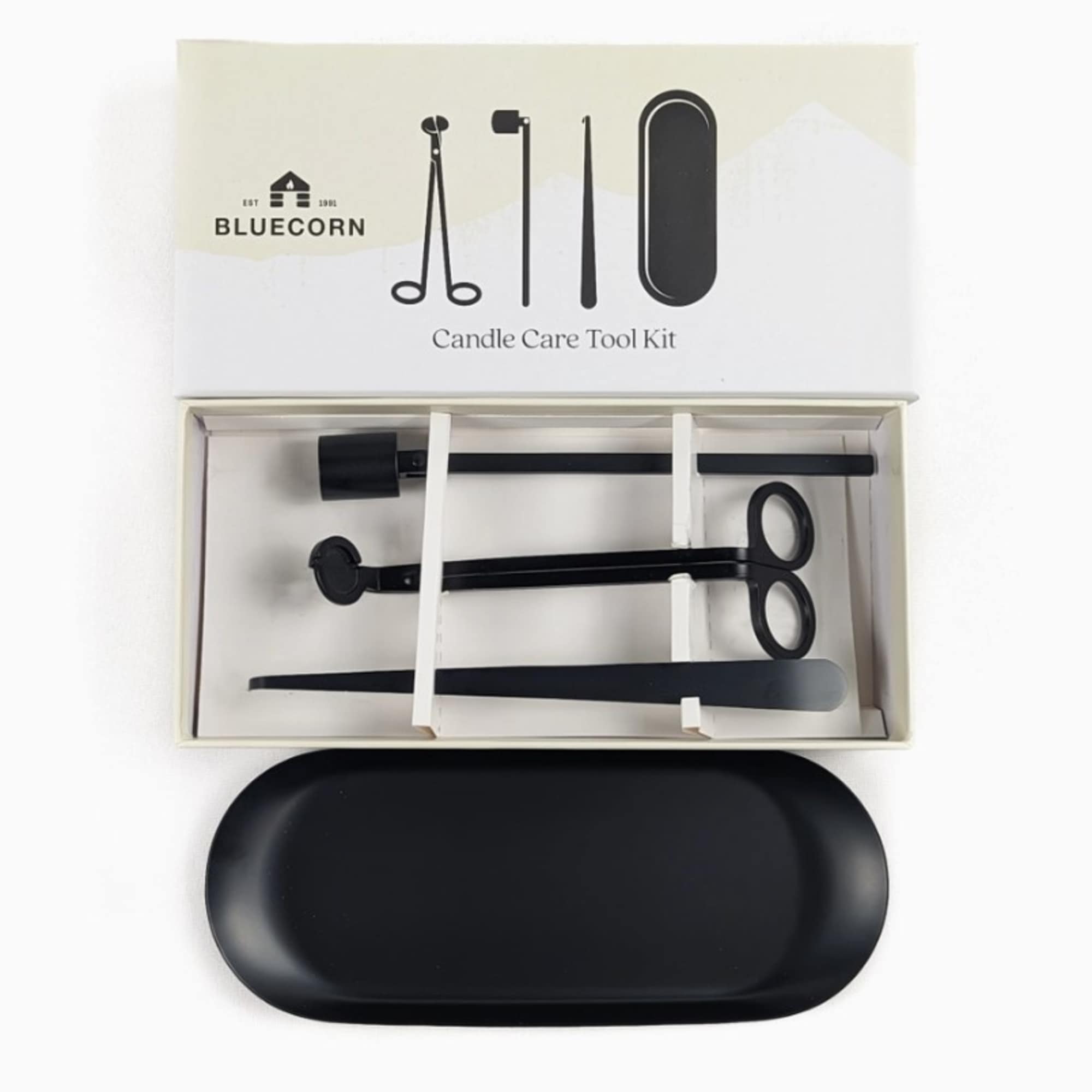 Black candle care tool kit in a box with tray