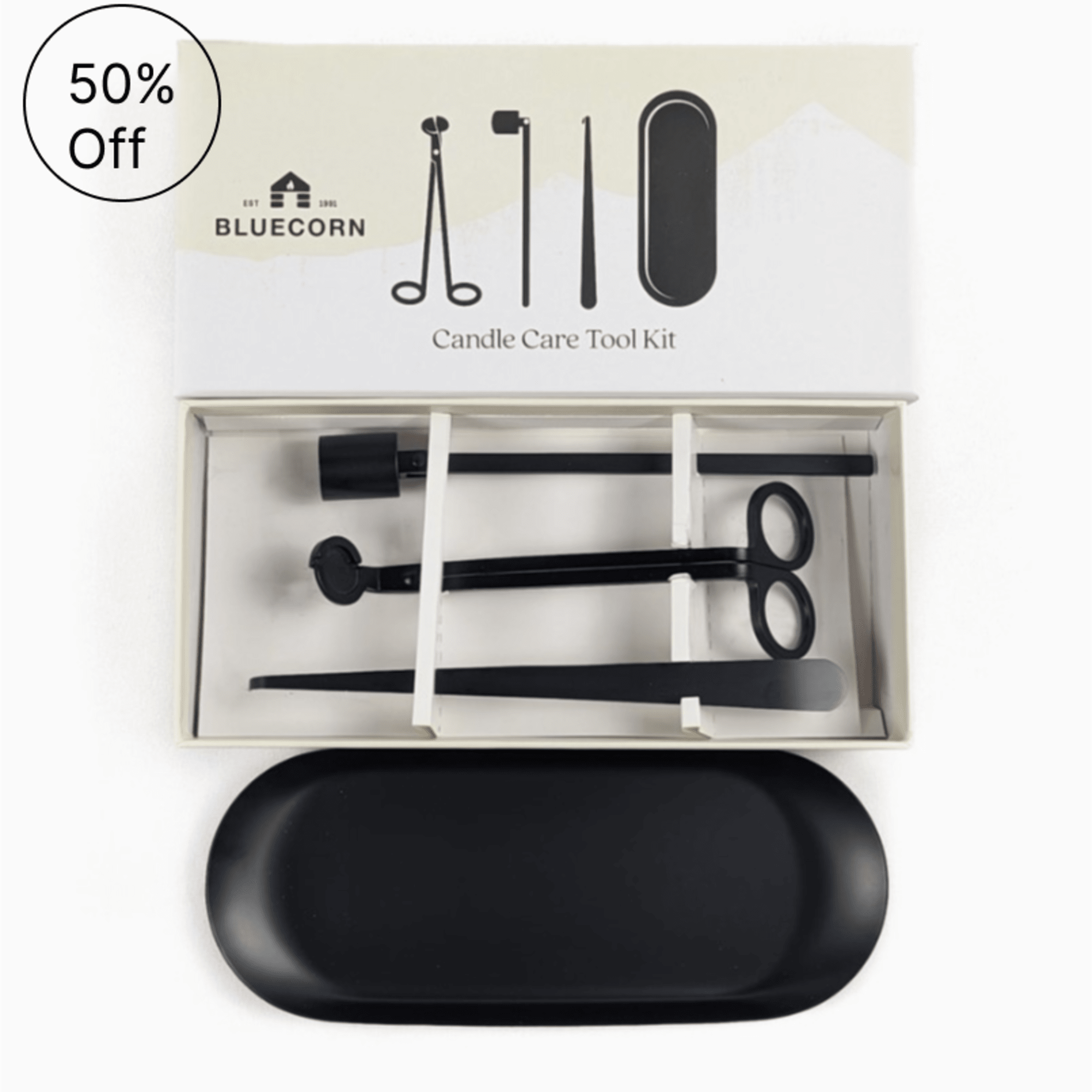Candle care tool kit in a box with black tools and tray
