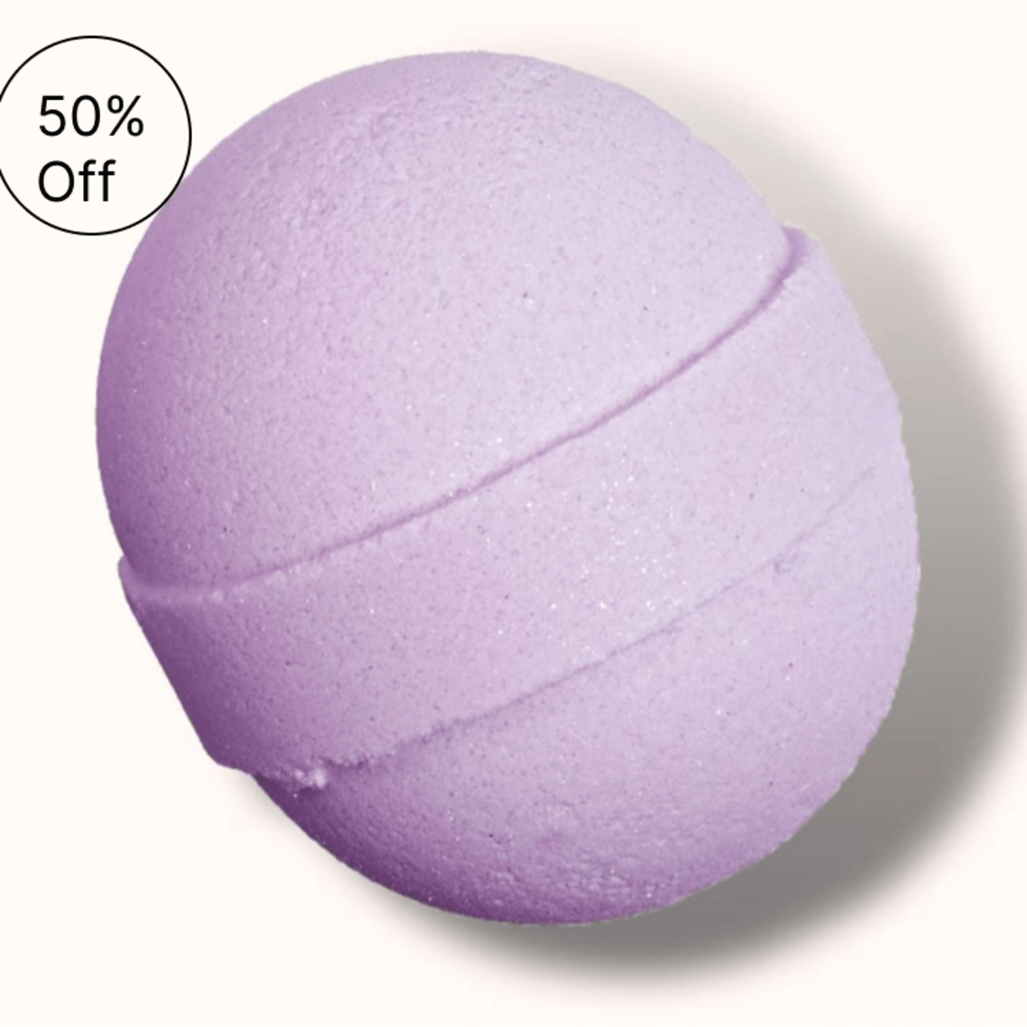 Lavender bath bomb with a "50% Off" badge