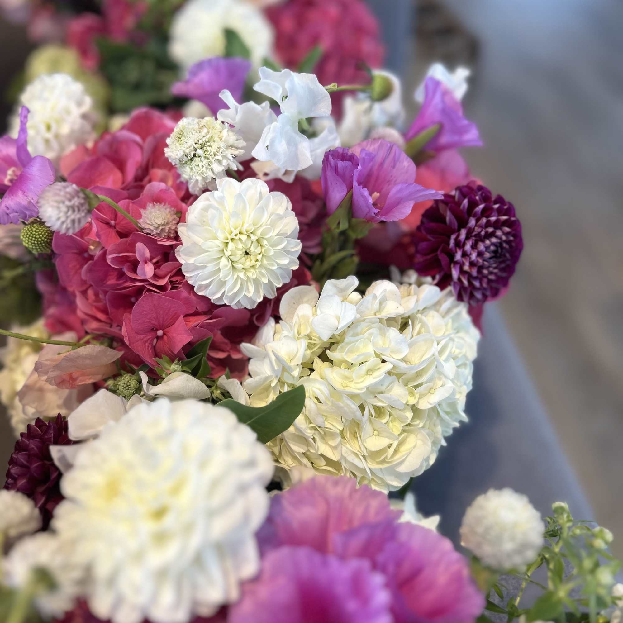 Mixed bouquet of pink, white, and purple flowers