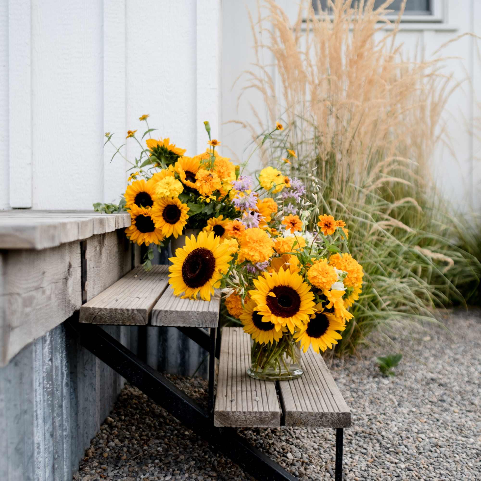 Sunflower bouquets in clear glass vases on outdoor steps