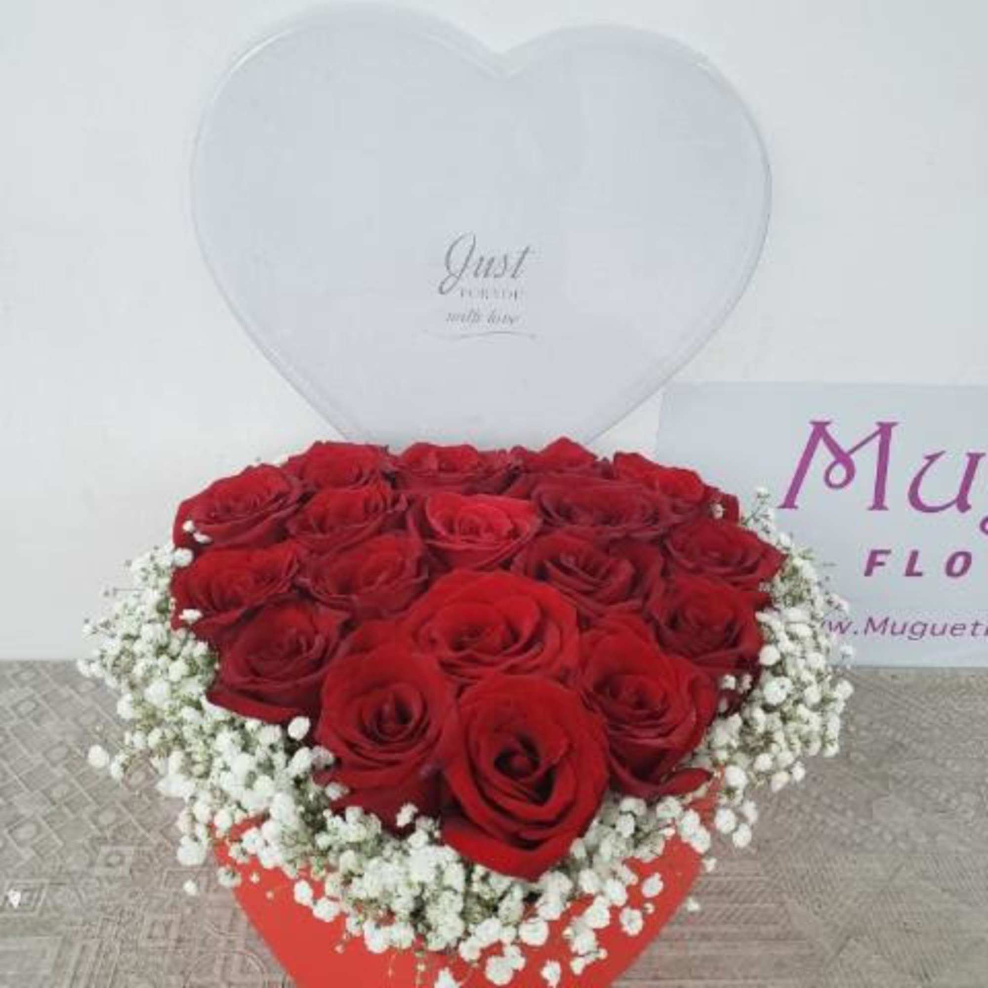 Heart-shaped box of red roses with white baby's breath, photo 4 of 5