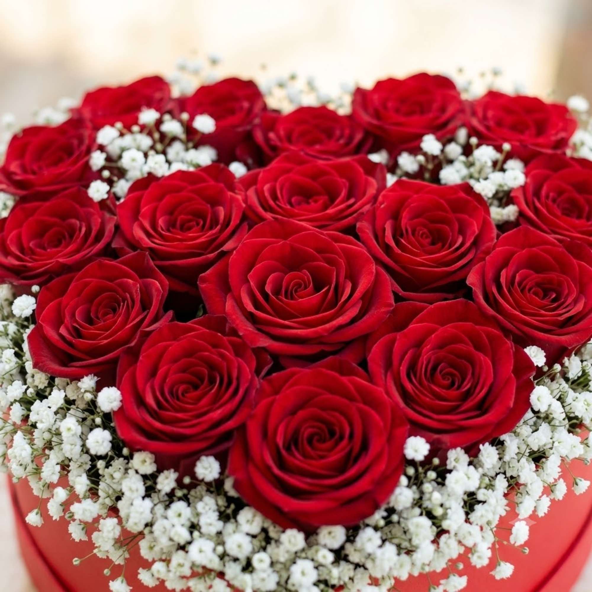 Red roses arranged with white baby's breath in a round box
