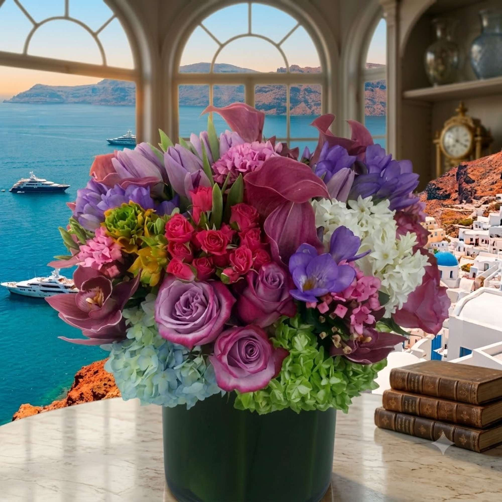 Mixed bouquet of purple, pink, and white flowers in a dark vase