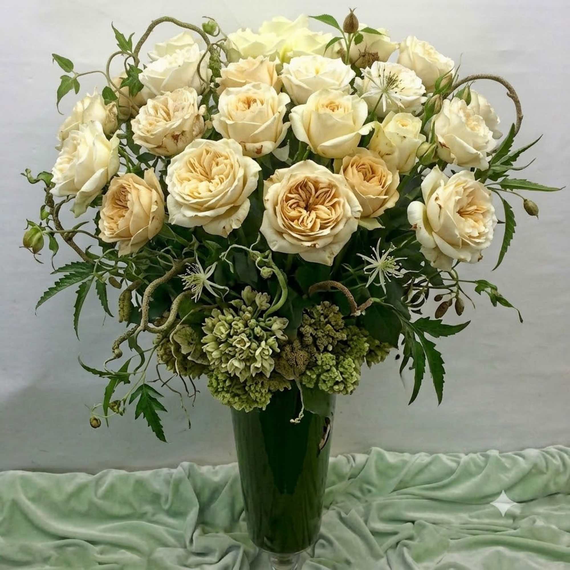 Cream roses arranged in a tall green vase with trailing greenery