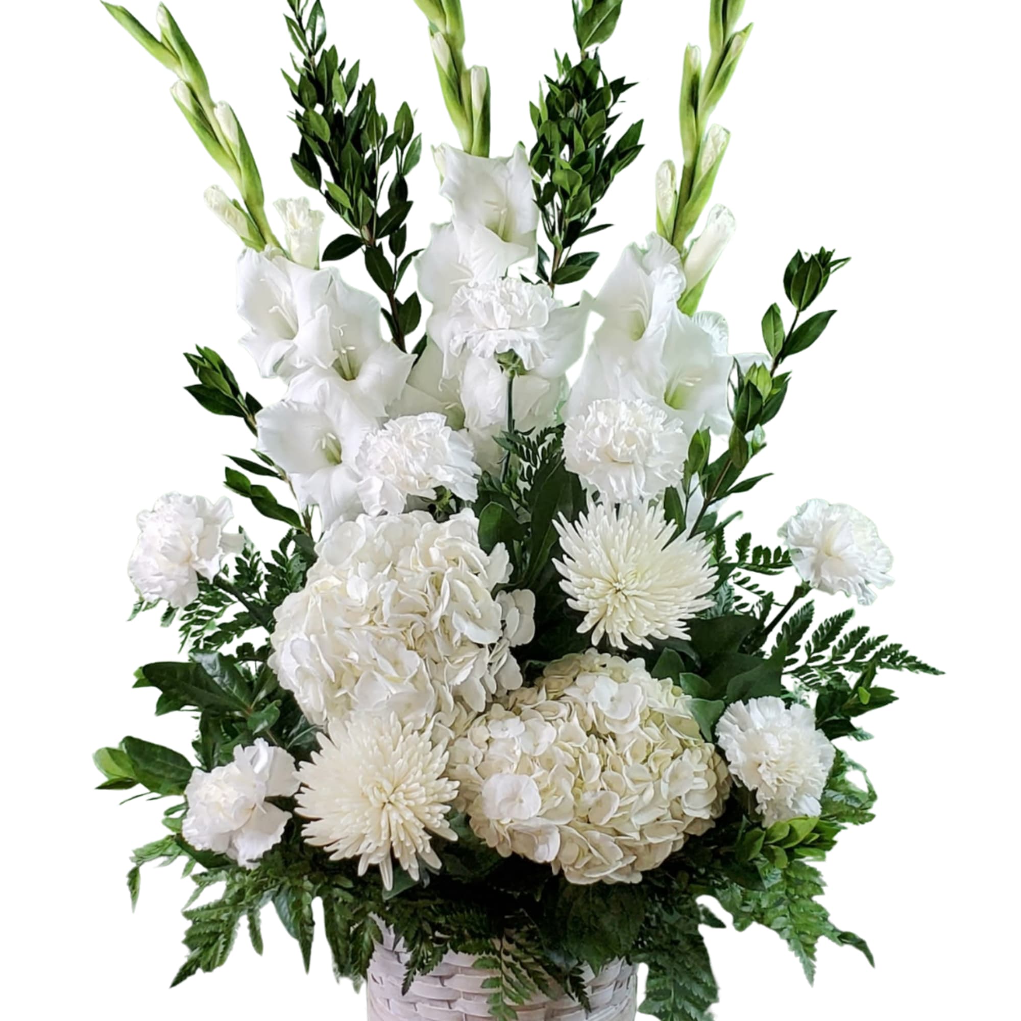 White floral arrangement with gladiolus, hydrangeas, carnations, and mums in a basket