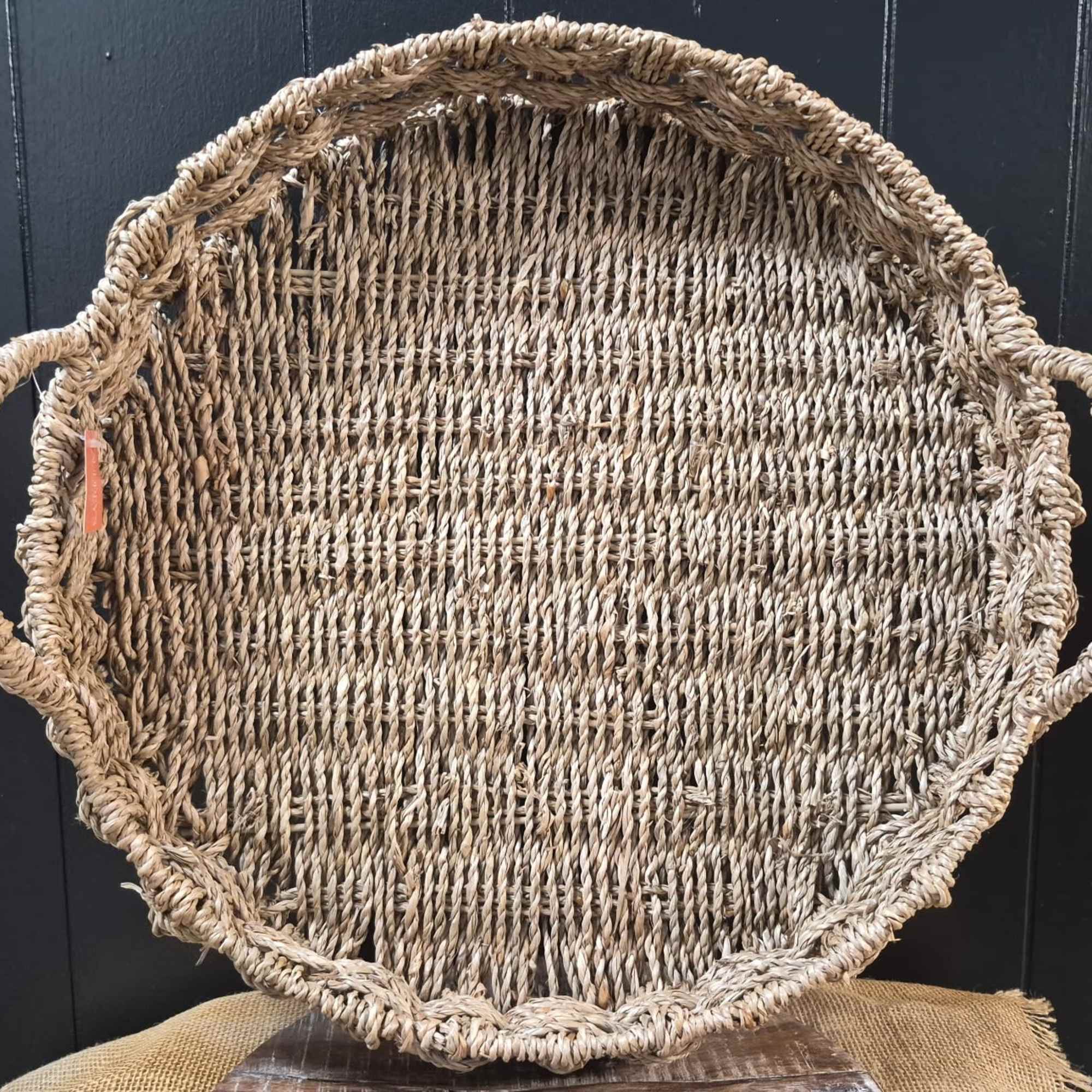 16" x 3" Round woven seagrass tray with two side handles -
